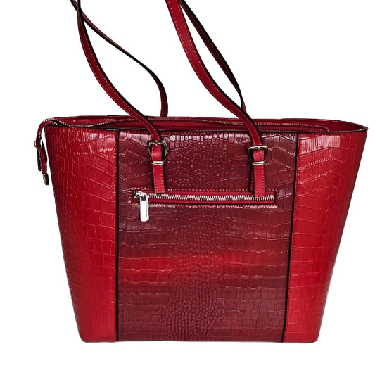 Red Crocodile Textured Faux Leather Handbag with Zip Pocket