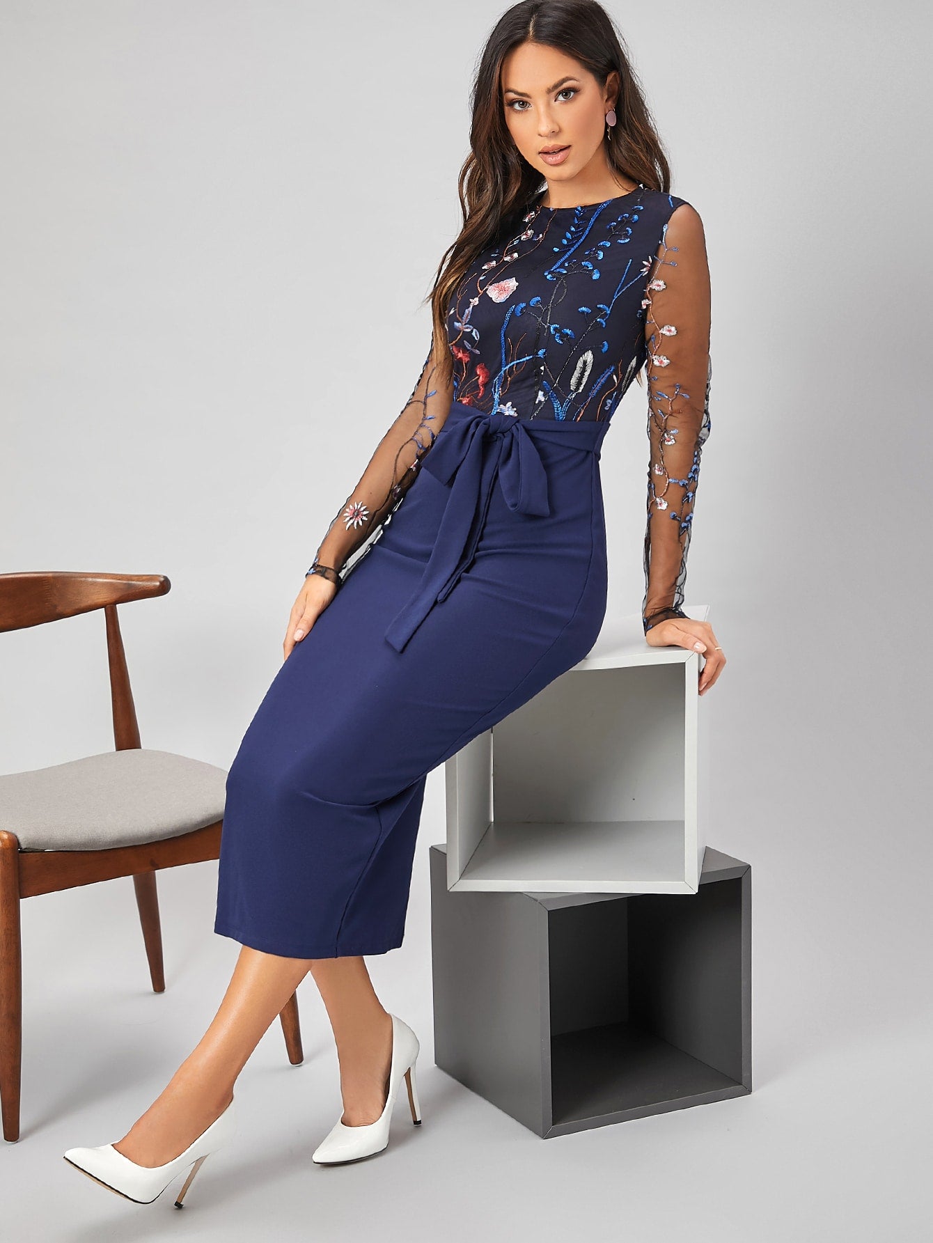 Clasi Belted Floral Embroidery Sheer Mesh Sleeve Dress