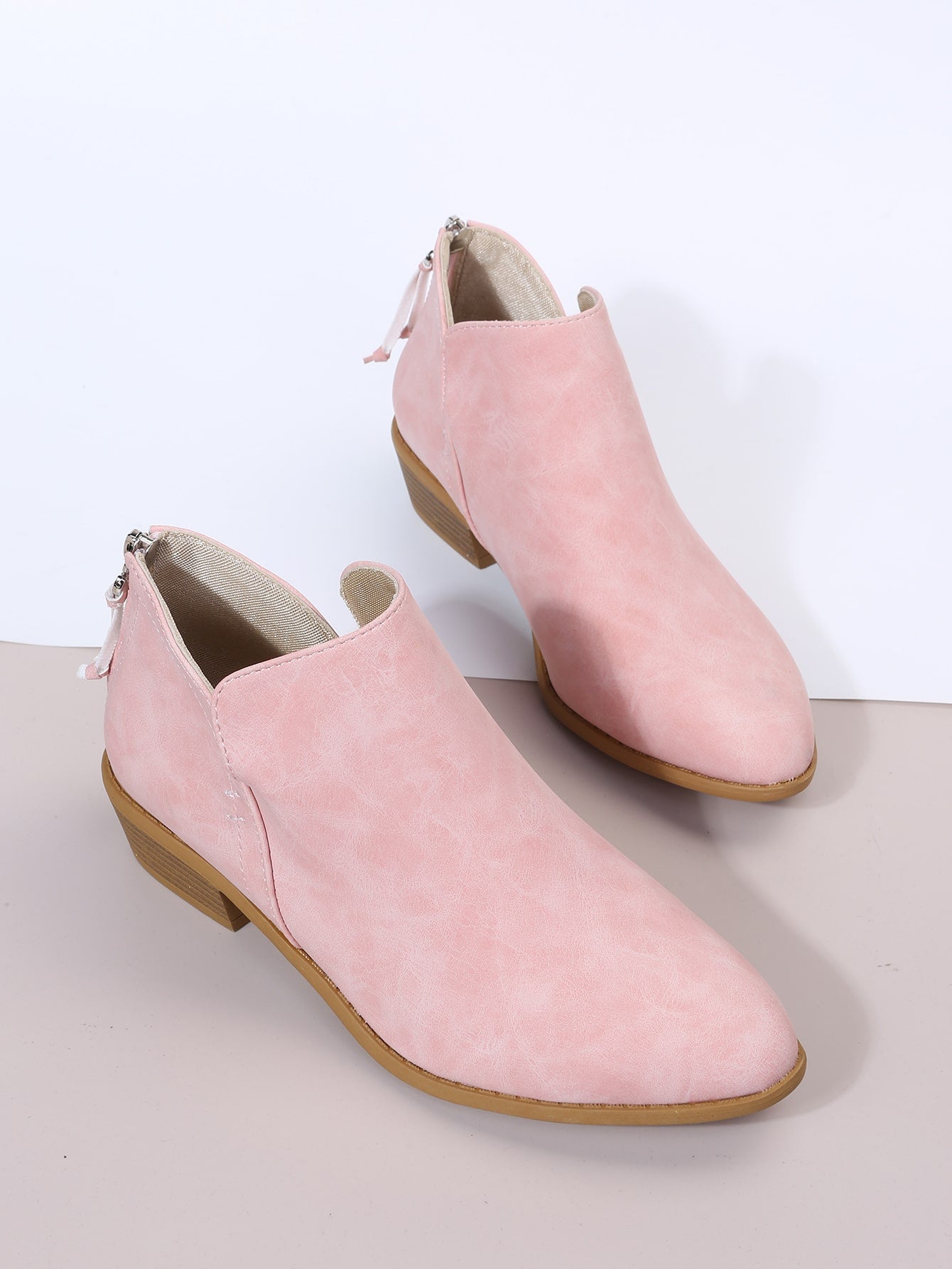 Solid Pink Color American Style Short Boots, Minimalist Design With Back Zipper
