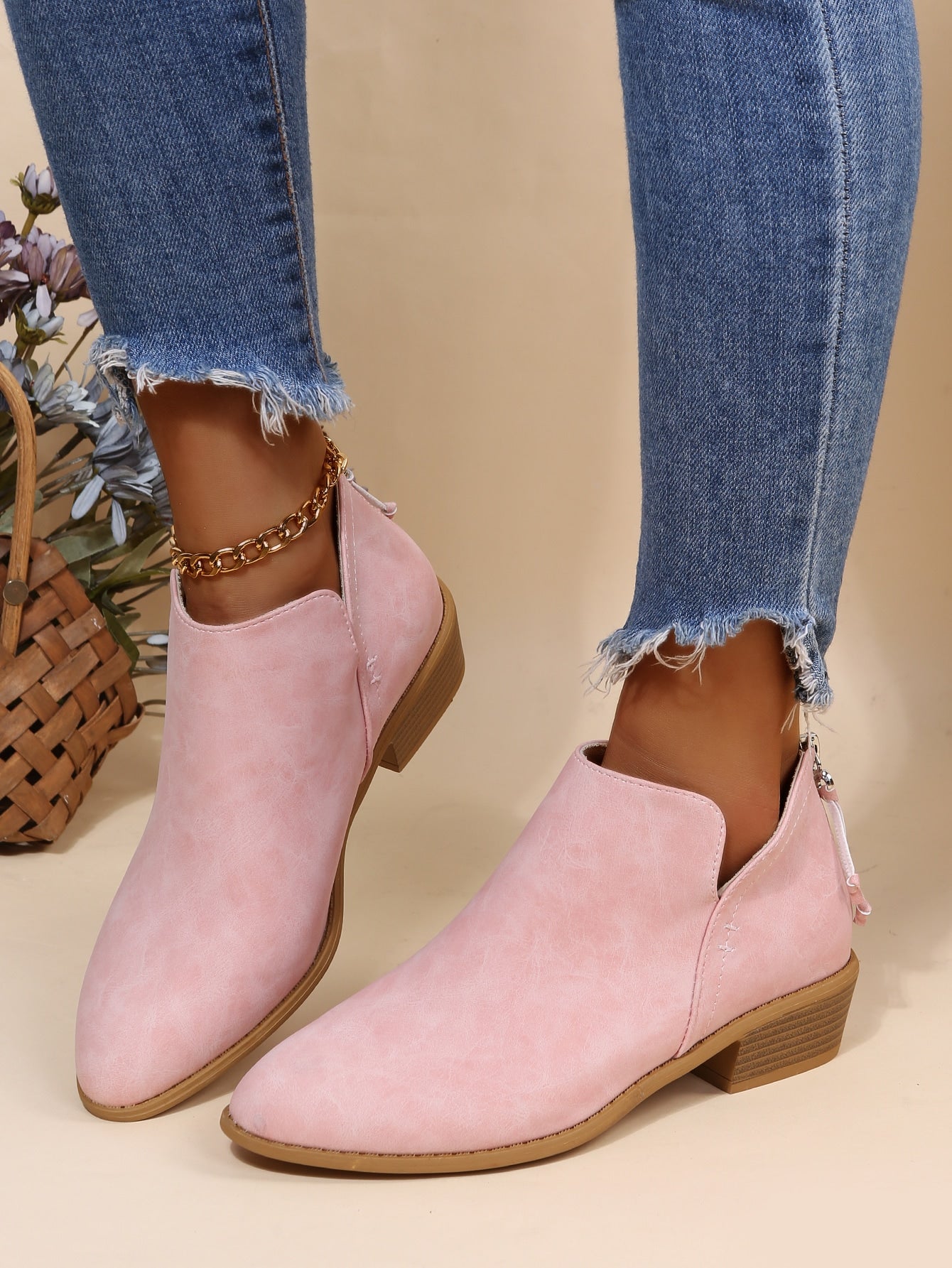 Solid Pink Color American Style Short Boots, Minimalist Design With Back Zipper