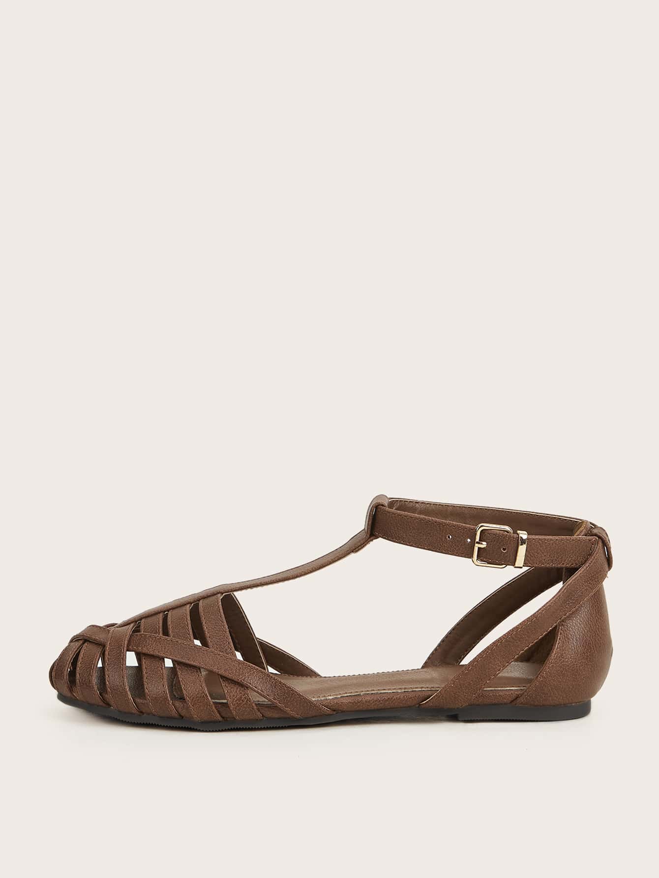 Buckle & Hollow Out Detail Ankle Strap Flats, Coffee Brown Elegant Solid Color Women's Flat Shoes