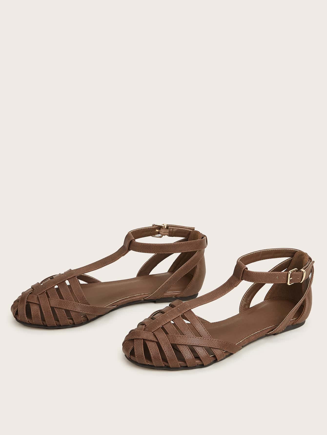 Buckle & Hollow Out Detail Ankle Strap Flats, Coffee Brown Elegant Solid Color Women's Flat Shoes
