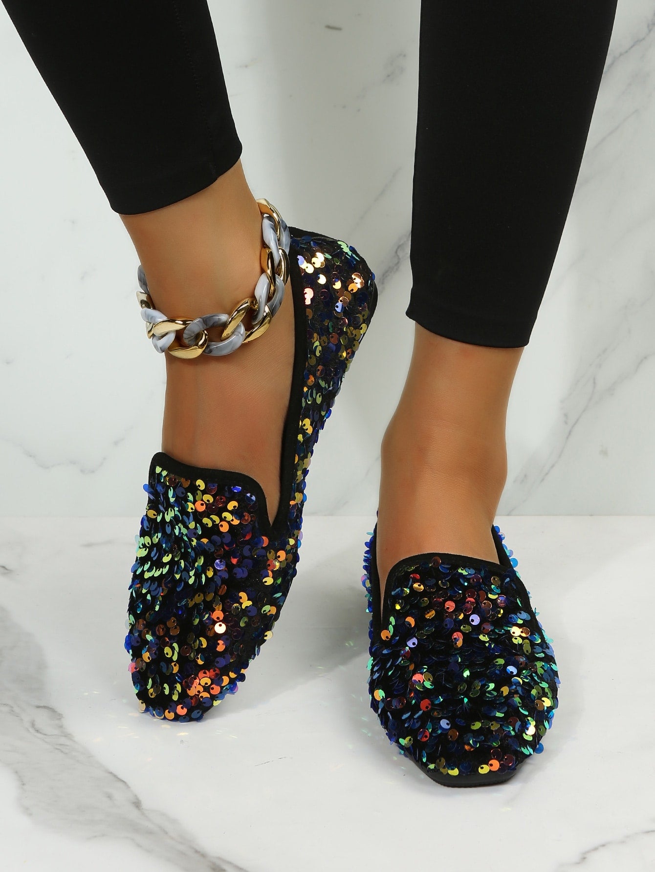 Sequin Decor Faux Suede Flat Loafers, Women's Flat Shoes For Parties With Multicolor Glitter