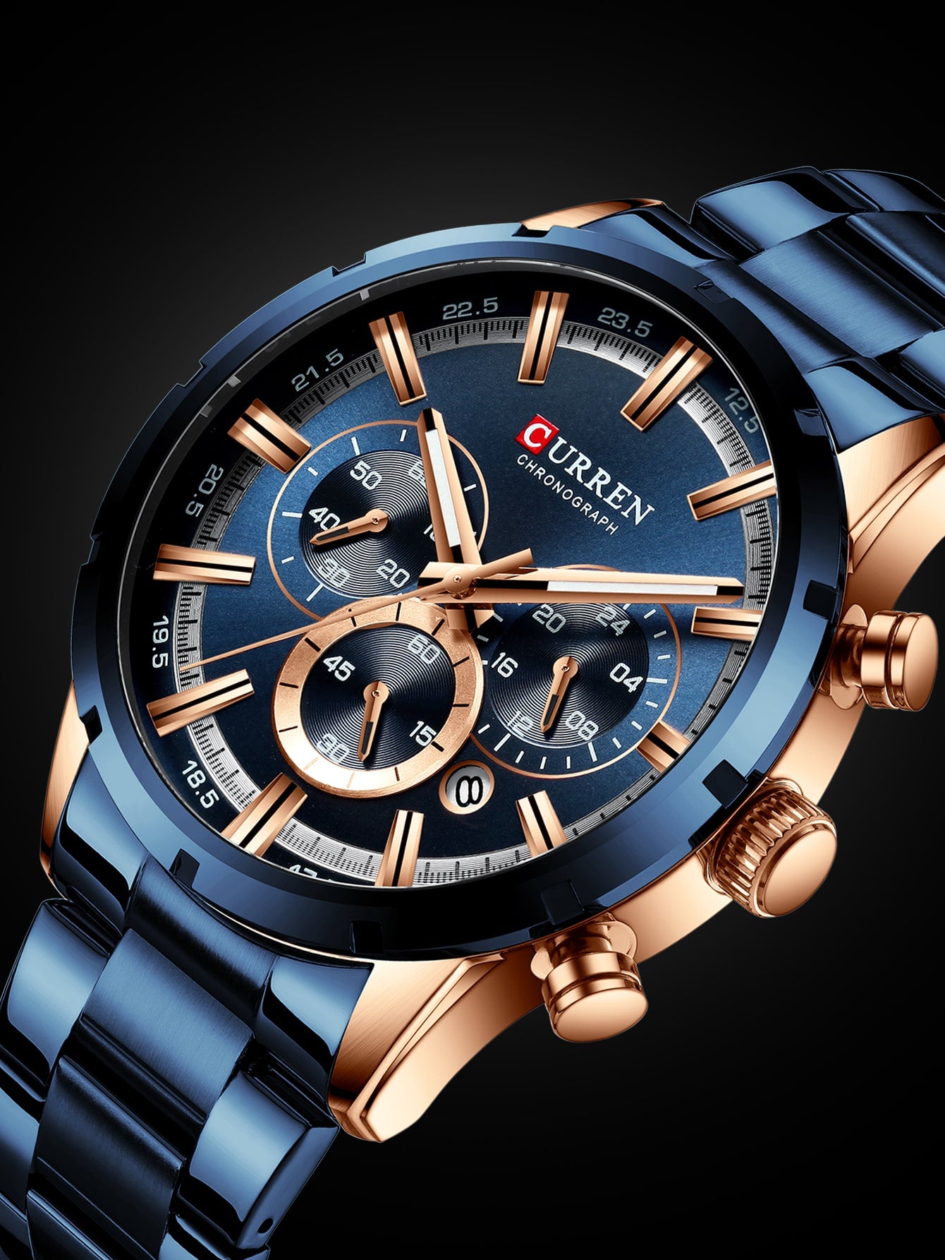 CURREN 1pc Men Blue Fashion Sporty Chronograph And Calendars Water Resistant Round Quartz Watch, For Daily Life