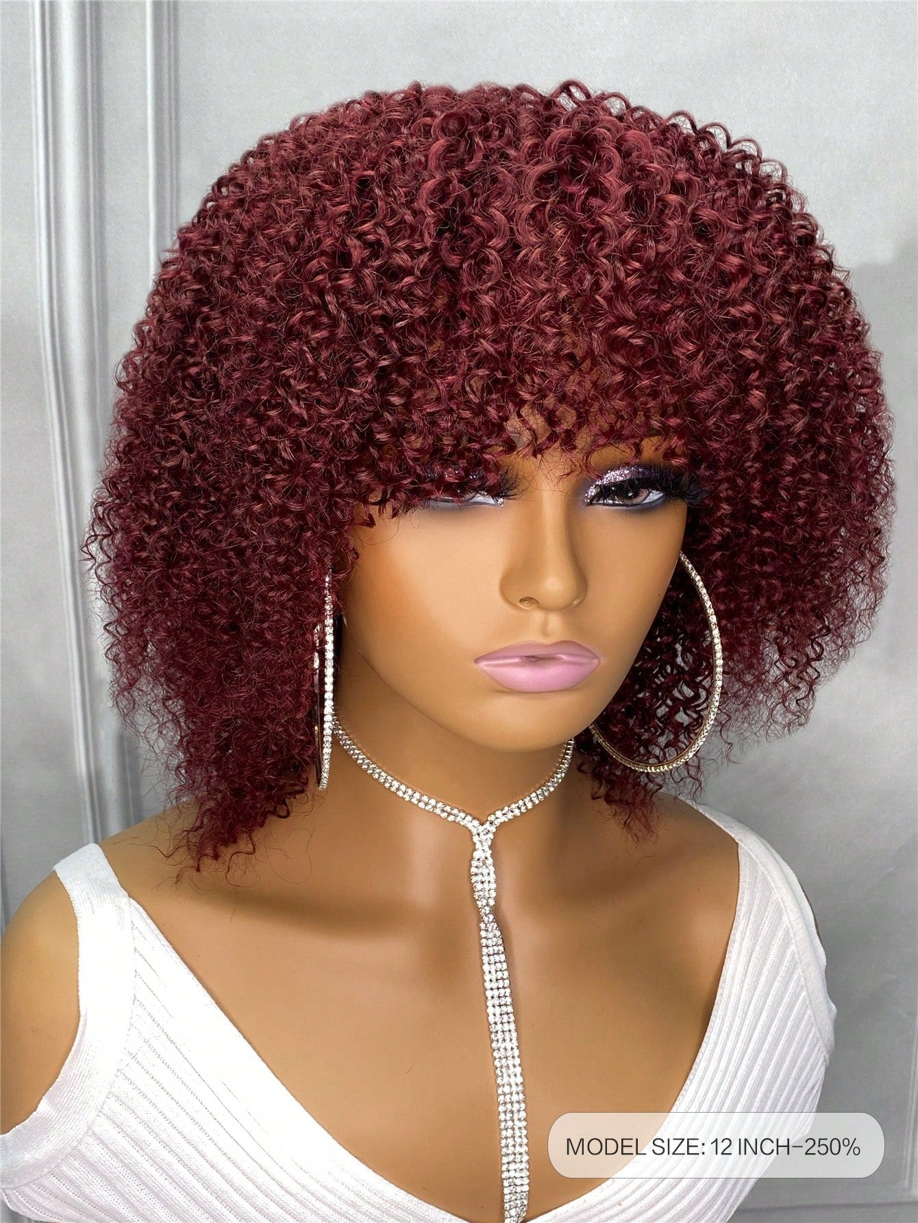 Kinky Curly Bangs Wig Full Machine Made Wig 250% Density Natural Black Short Human Hair Wig