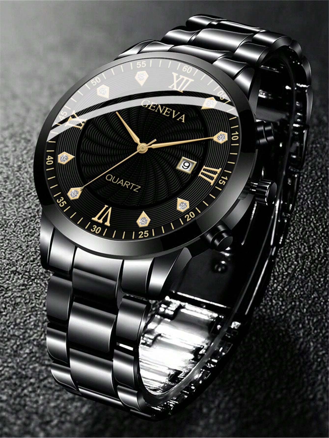 1pc Men Silver Stainless Steel Strap Glamorous Rhinestone Decor Date Round Dial Quartz Watch, For Daily Life