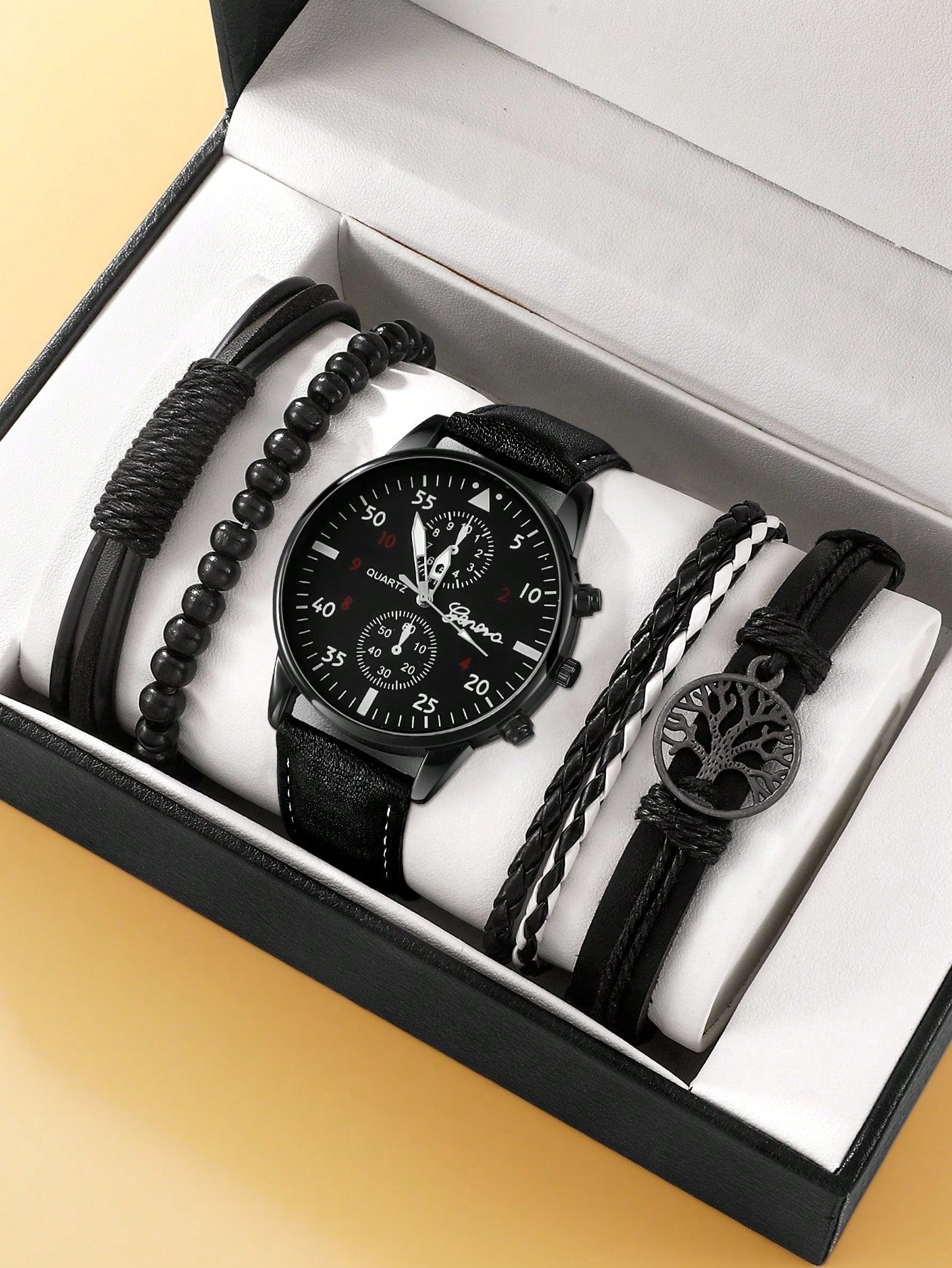 4pcs Set New Men Watch Luxury Bracelet Set Fashion Business Brown Leather Quartz Wrist Watches for Men Gift Set Relogio Masculino