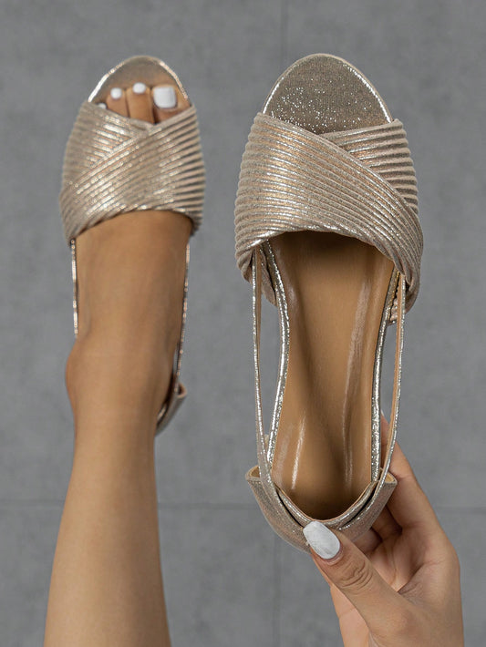 Women Metallic Twist Design Open Toe Flats, Glamorous Gold Flats