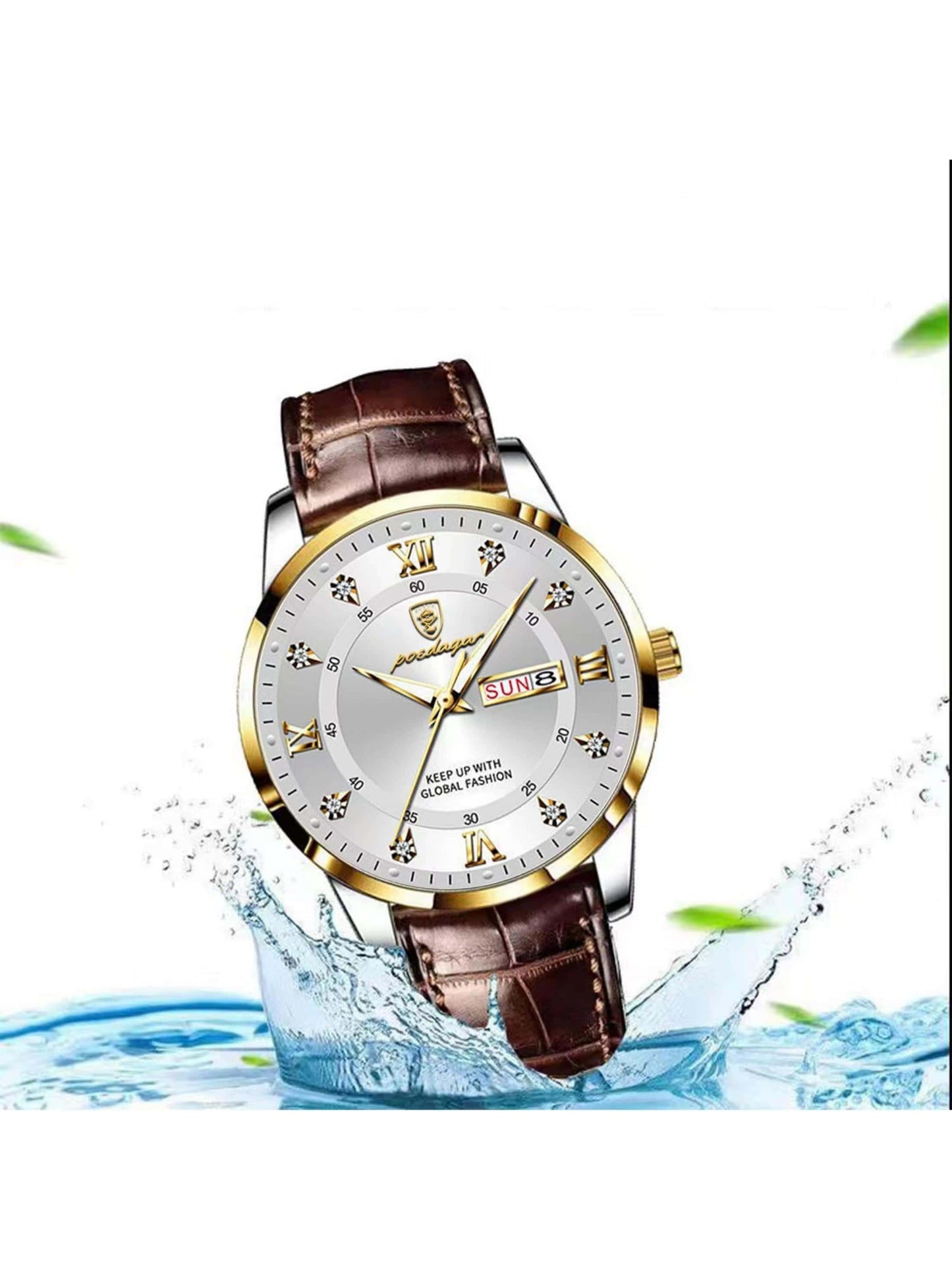 1pc Brown PU Strap Fashionable Rhinestone Decor Calendars Water Resistance Round Dial Quartz Watch, For Daily Life Waterproof
