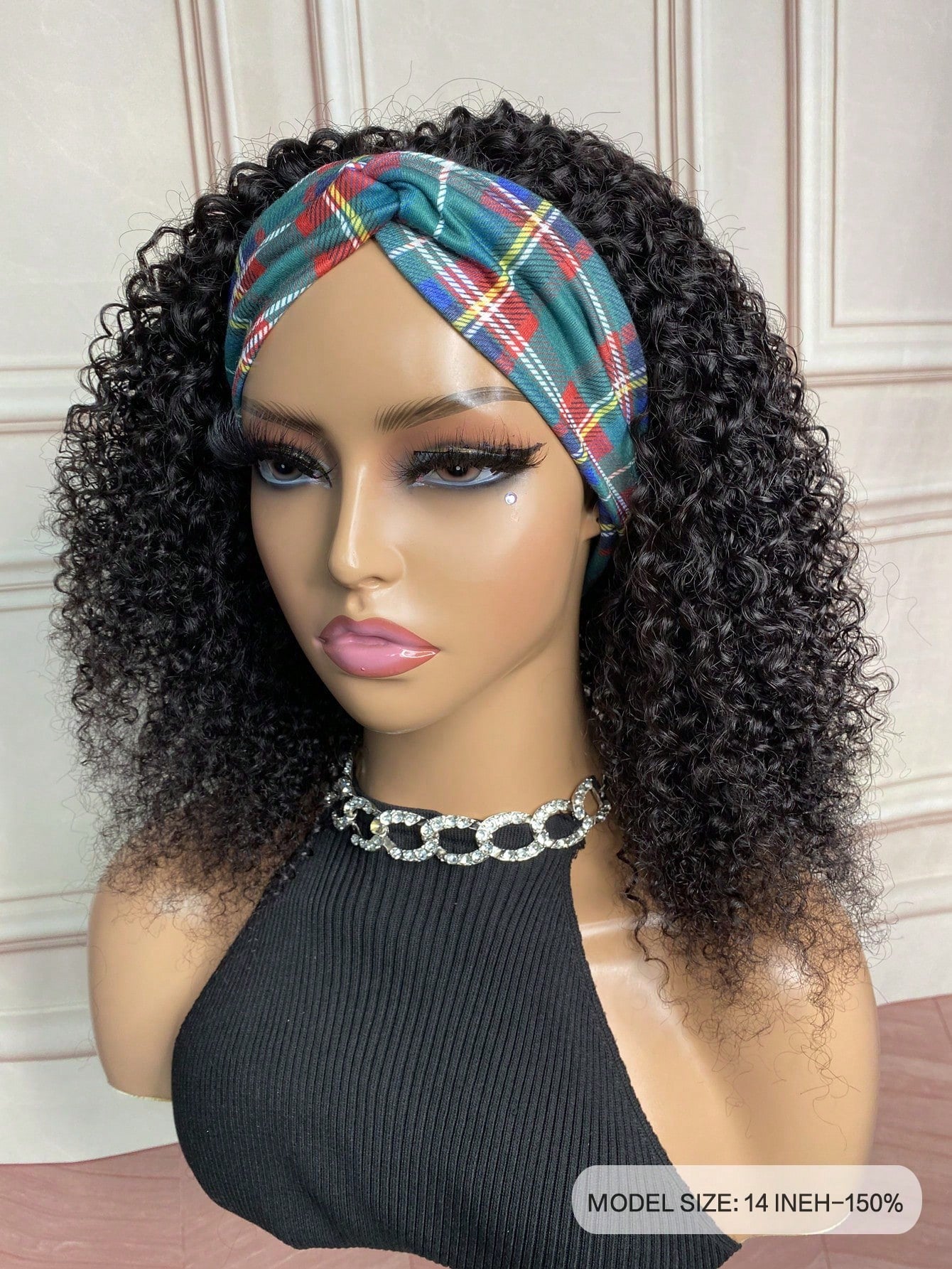 Kinky Curly Headband Wig Natural Black Short Short Human Hair Curly Wig  Machine Made None Lace Front Wig