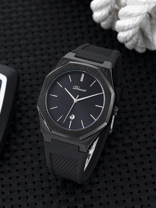1pc Black TPU Strap Fashion Glow In The Dark Waterproof Calendar Polygon Dial Quartz Watch, For Daily Decoration