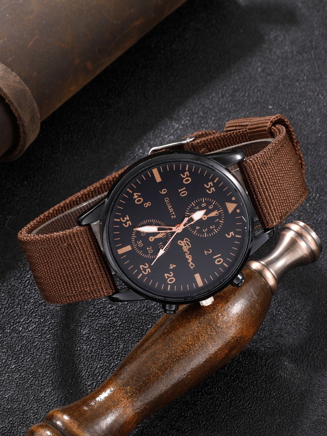 4PC Mens Brown Cross Casual Quartz Watch Set