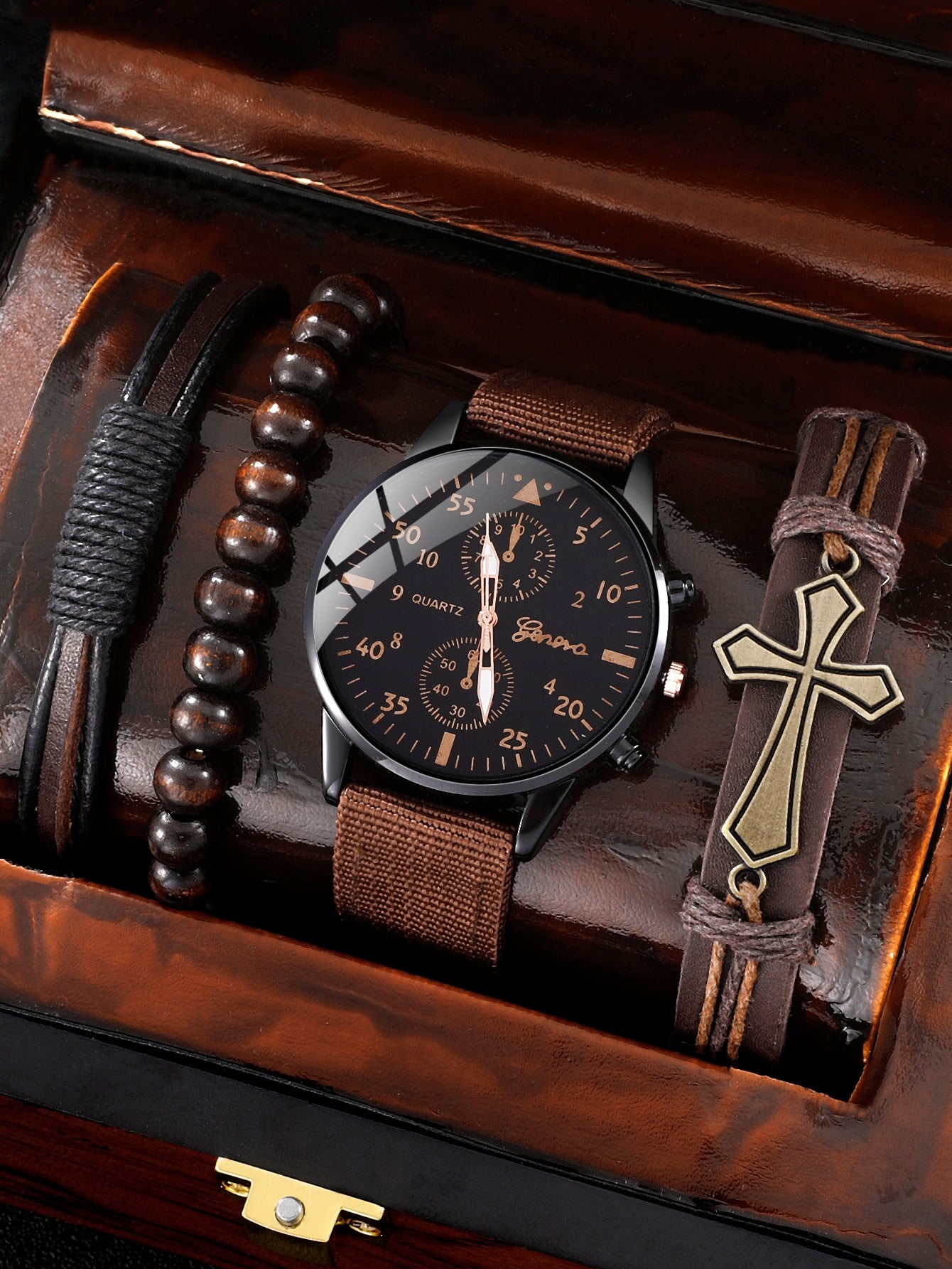 4PC Mens Brown Cross Casual Quartz Watch Set