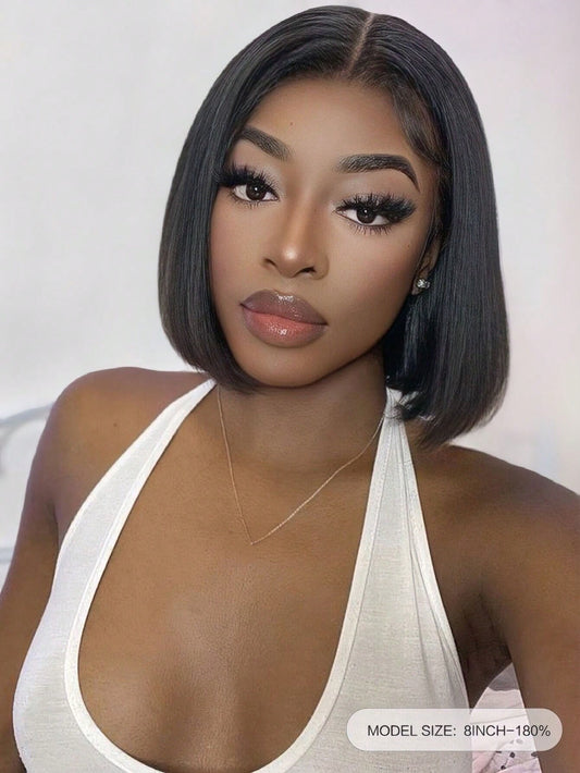 Transparent Lace Straight Bob 13 X 4 Lace Frontal Wig 150%/180% Density 8 Inch #1B Natural Black Color Pre-Plucked Natural Hairline  Lace Remy Short Short Human Hair Top Quality Bob Wig For Women