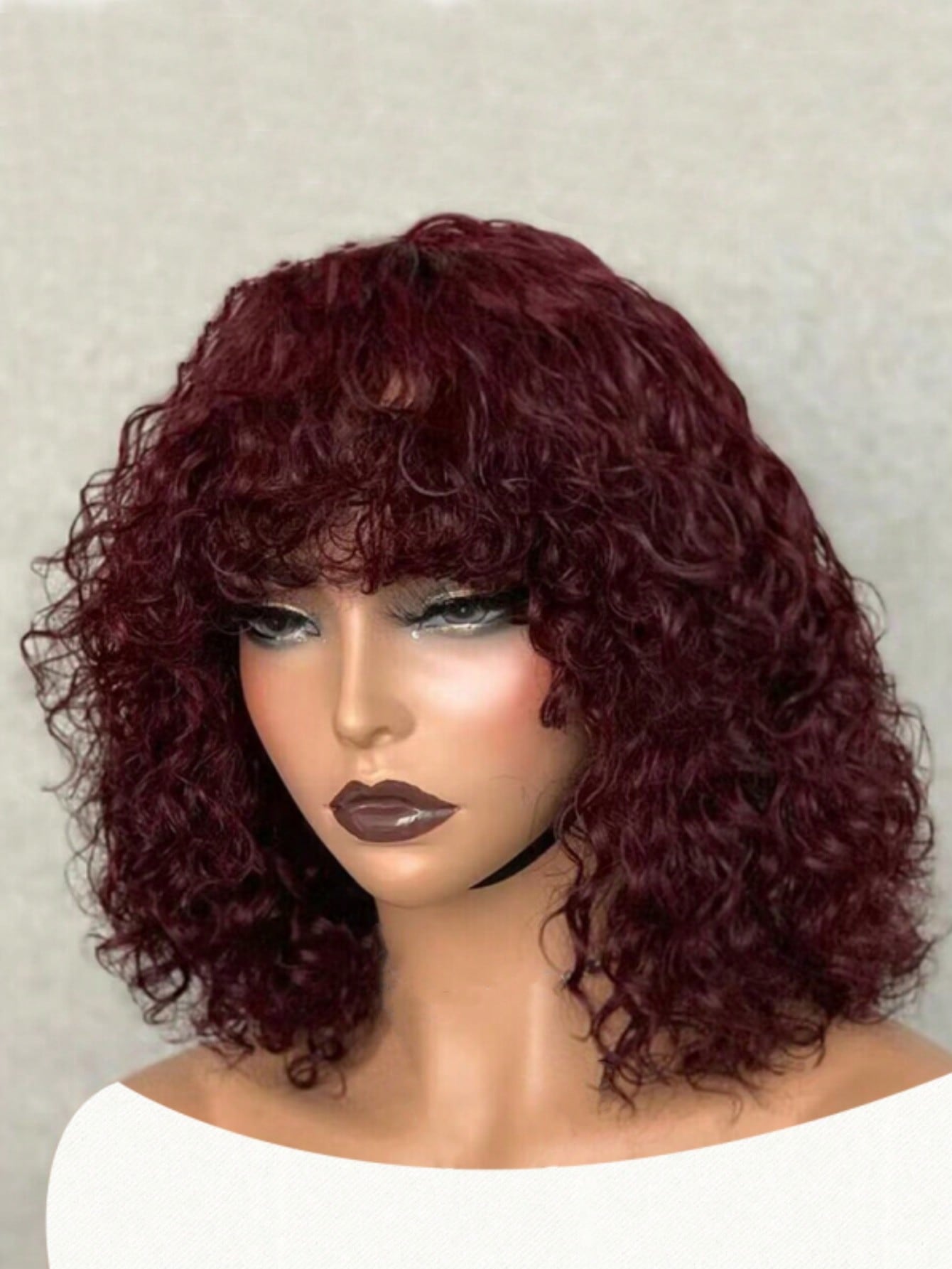 Short Curly Colored Human Hair Wig With Bangs