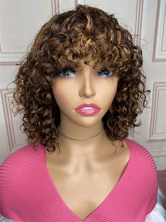 Short Curly Colored Human Hair Wig With Bangs