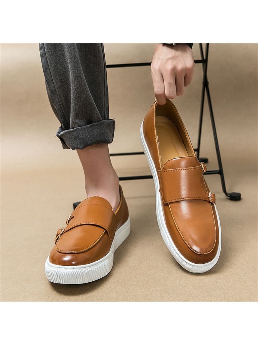 European & American Style Penny Loafers Men's Genuine Leather Slip-On Low Top Casual Shoes With Metal Buckle, Retro Thick Soled Shoes