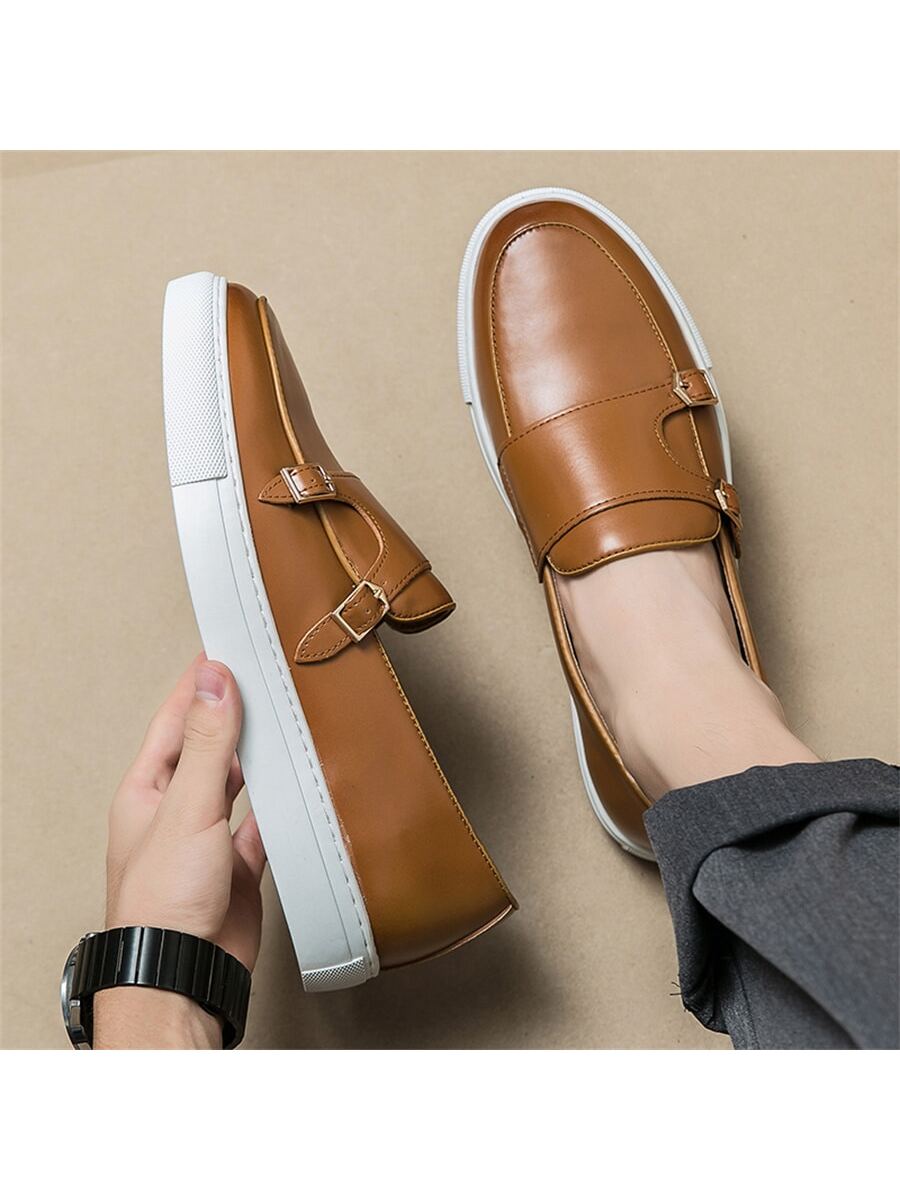 European & American Style Penny Loafers Men's Genuine Leather Slip-On Low Top Casual Shoes With Metal Buckle, Retro Thick Soled Shoes