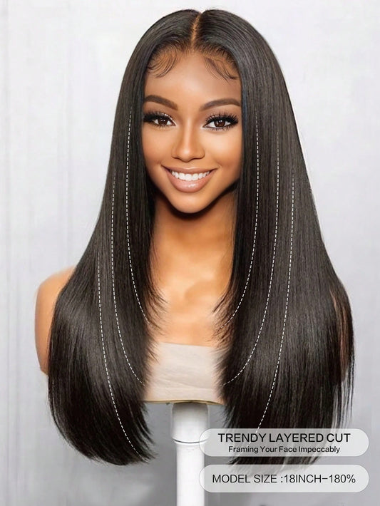 Glueless 5 X 5 Lace Closure Wig Trendy Layered Cut Silky Straight Bob Pre-Plcuked 100% Human Hair Wig For Women