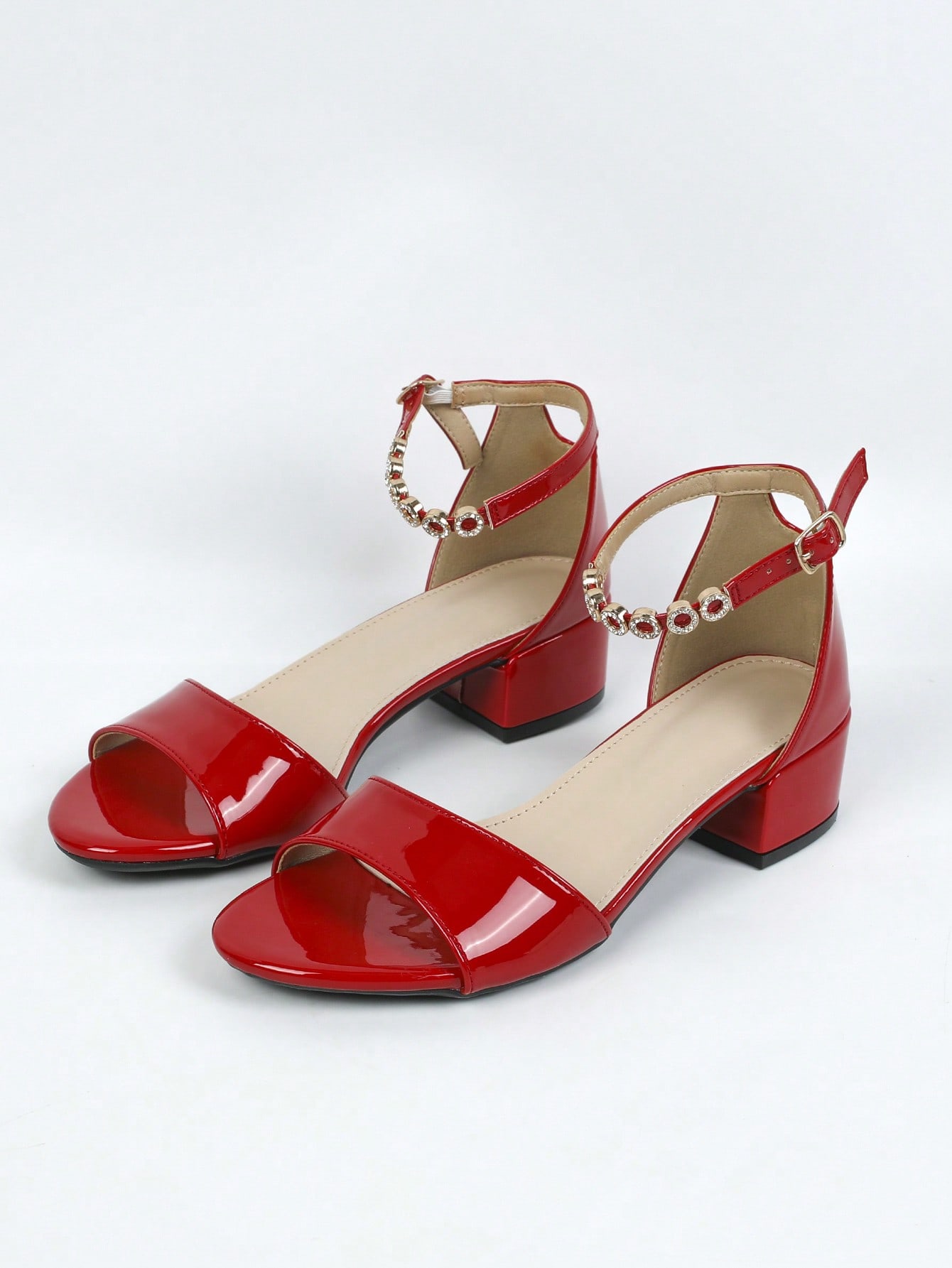 Fashionable & Comfortable Women's Red Ankle Strap High Heeled Sandals With Rhinestone Decoration