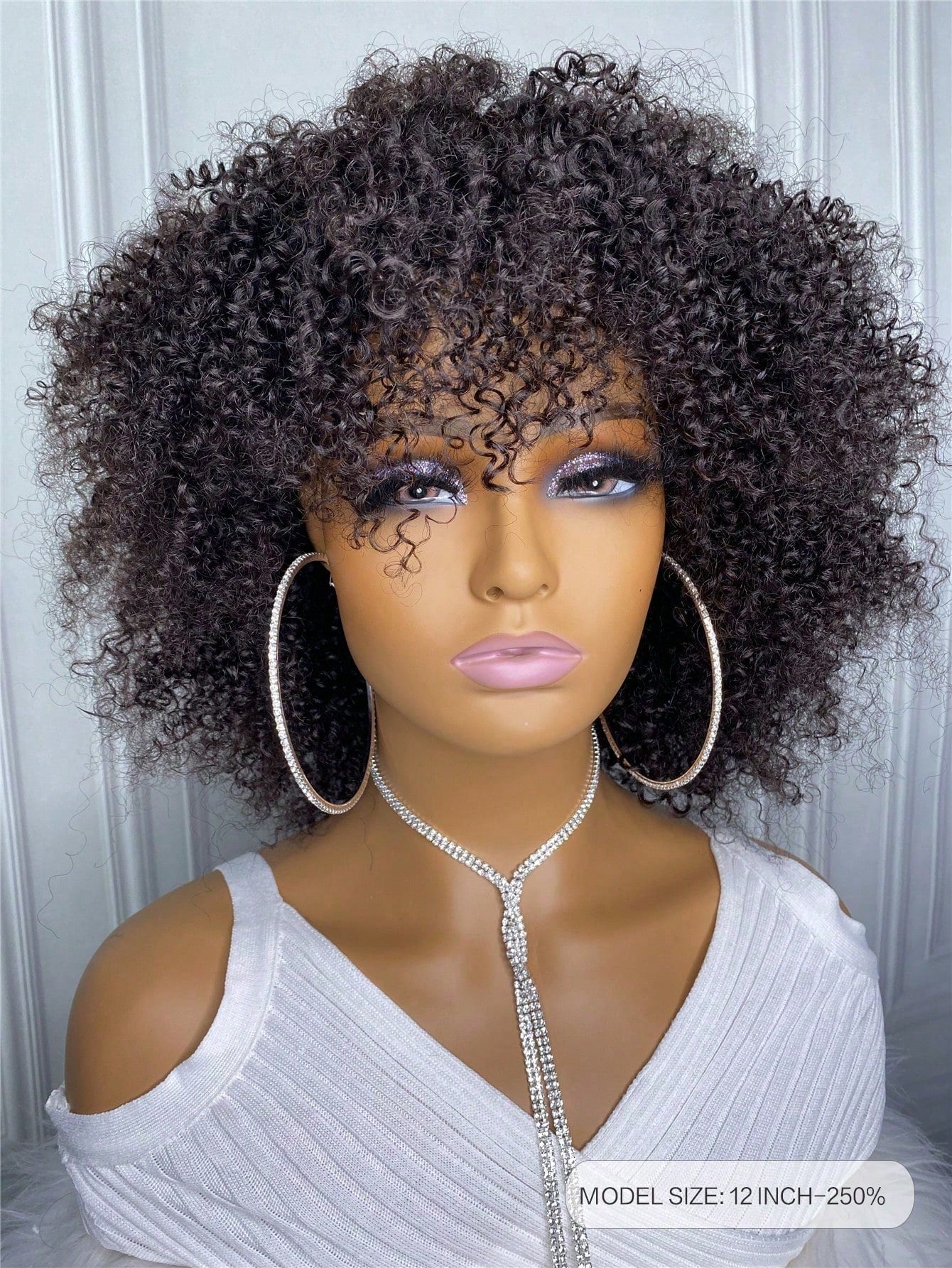 Kinky Curly Bangs Wig Full Machine Made Wig 250% Density Natural Black Short Human Hair Wig