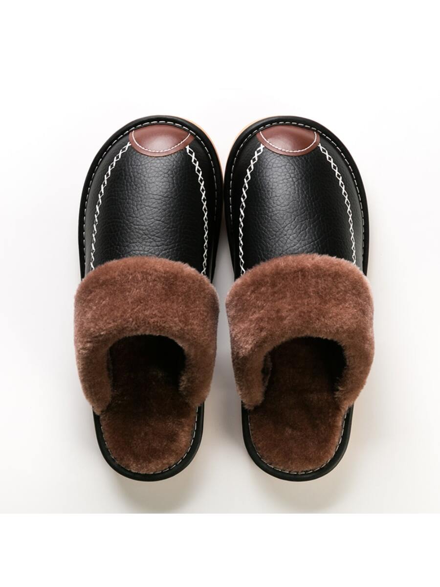 High-end Vintage Men's Oversized Slippers, Luxury Faux Leather Winter House Slippers, Elegant Trimmed Plush Slippers (plus Size Available)