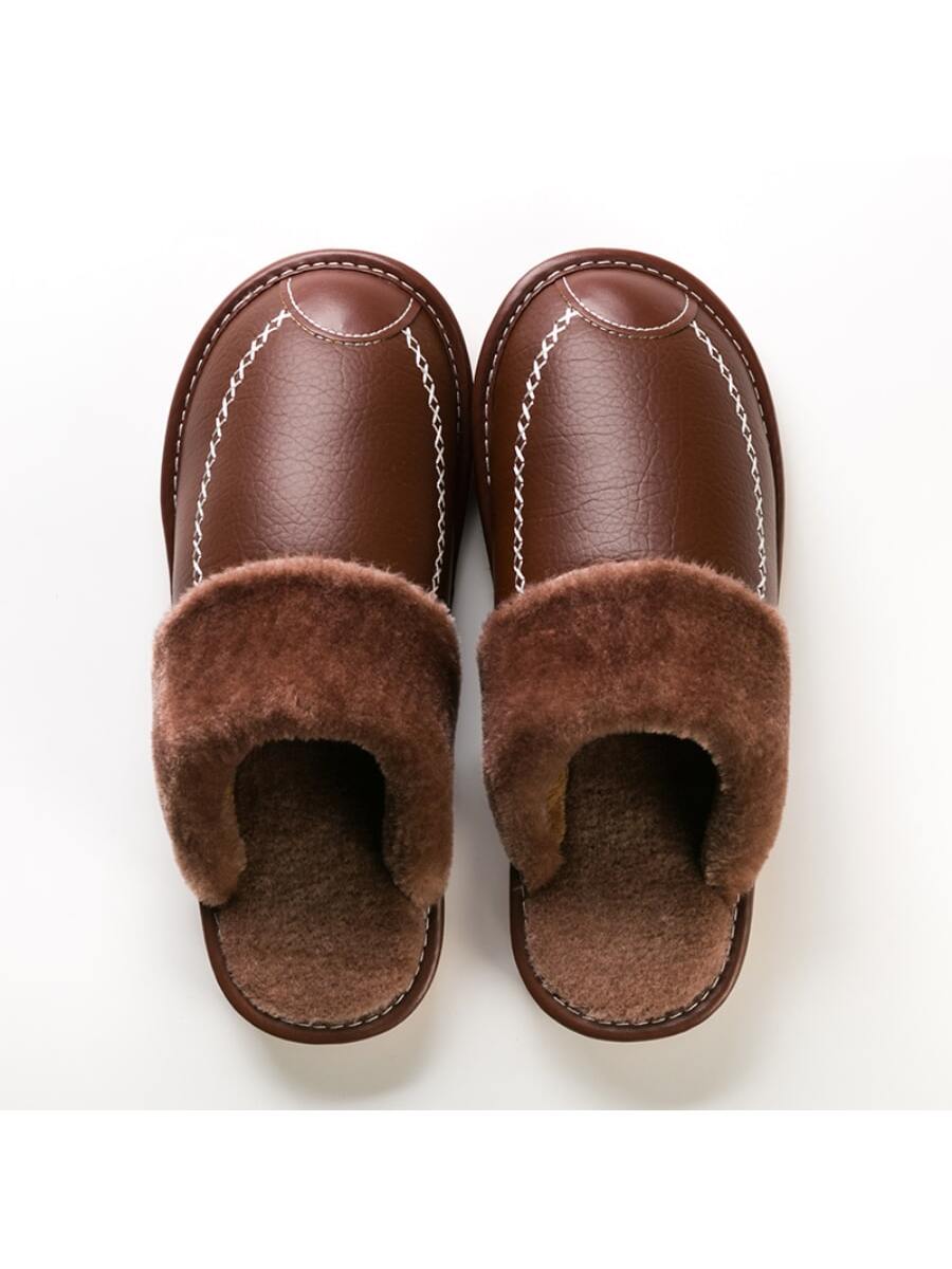 High-end Vintage Men's Oversized Slippers, Luxury Faux Leather Winter House Slippers, Elegant Trimmed Plush Slippers (plus Size Available)