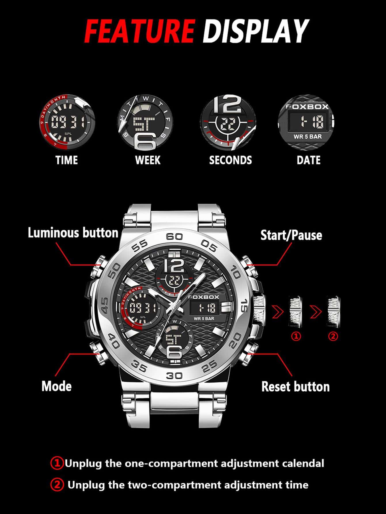 Fb0033 Fashionable Round Dial Dual Display Men's Digital Watch