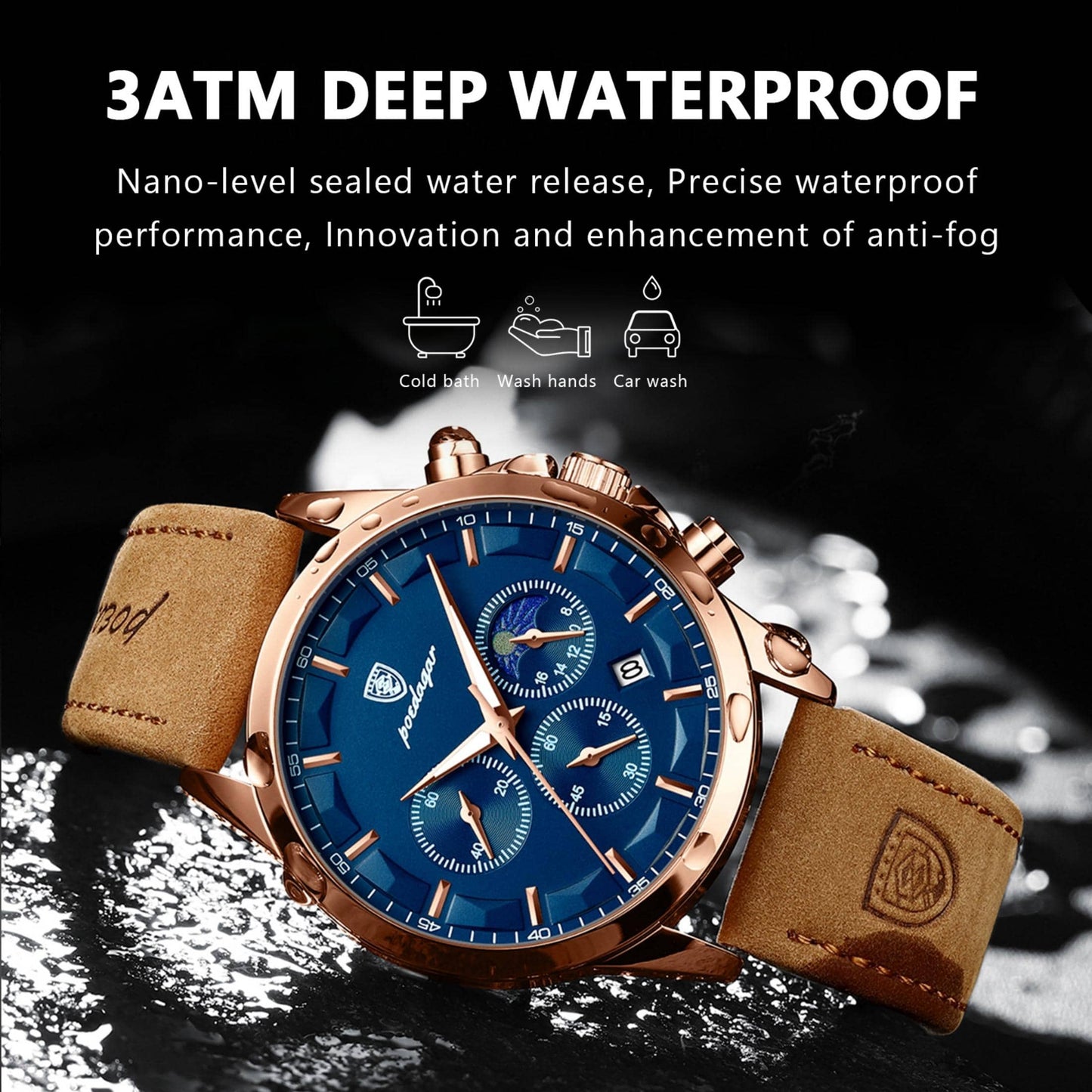 1pc Men's Watch With Brown Pu Leather Strap For Business And Sports, Multifunctional Chronograph, Calendar, Luminous Hands, Water Resistant Quartz Wristwatch
