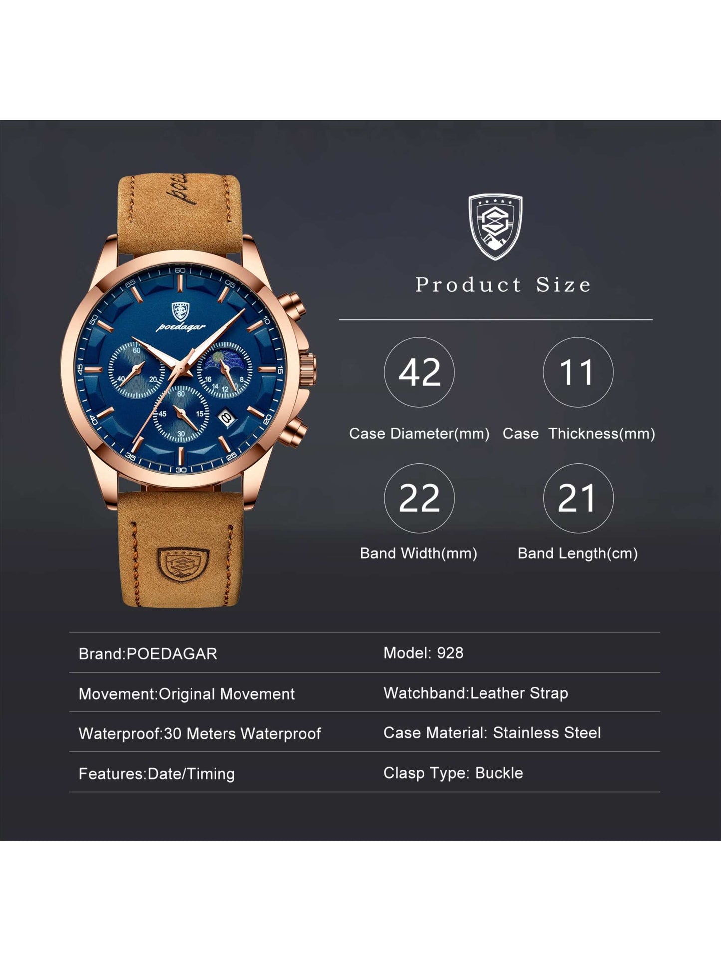 1pc Men's Watch With Brown Pu Leather Strap For Business And Sports, Multifunctional Chronograph, Calendar, Luminous Hands, Water Resistant Quartz Wristwatch