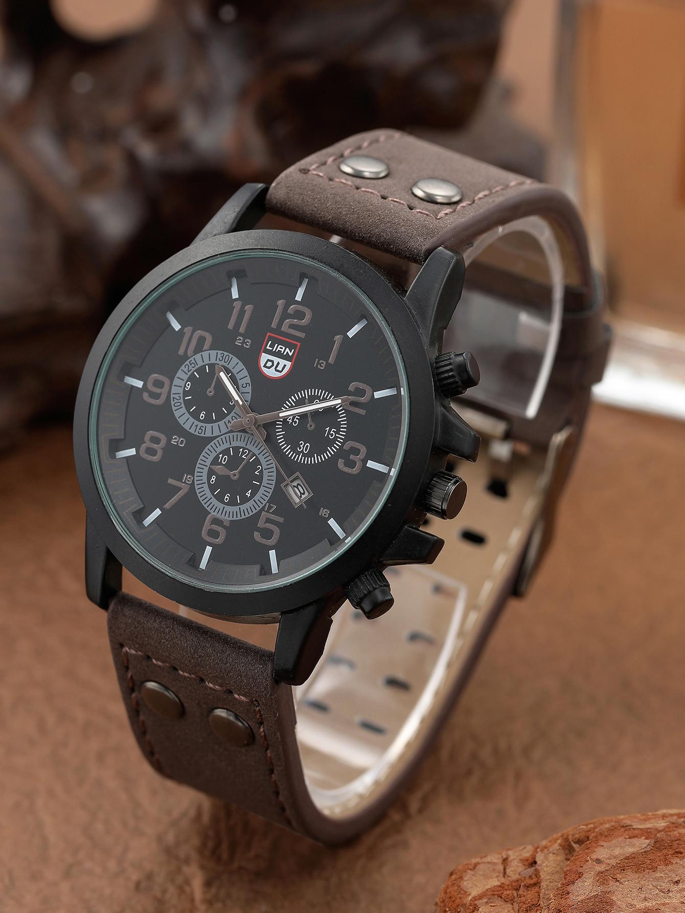 1pc Men's Casual Round Disc Quartz Wristwatch With Pu Leather Strap And 3pcs Bracelet Set