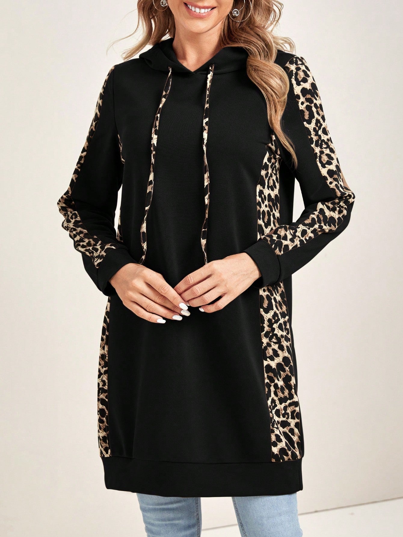 EMERY ROSE Leopard Print Drawstring Hooded Longline Sweatshirt