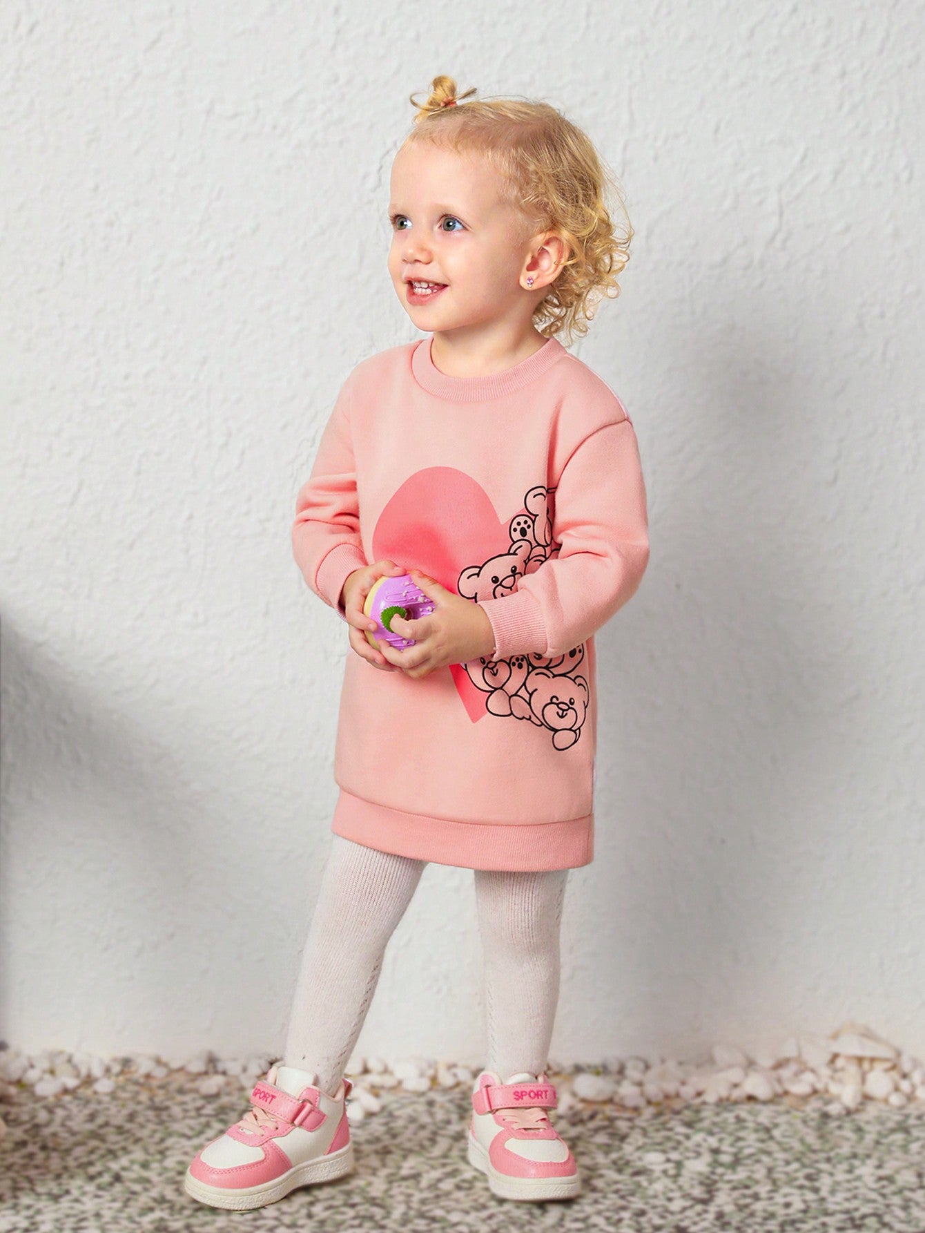 Baby Girl Cute Bear Pattern Long Sleeve Sweatshirt Dress With Crossbody Bag Set