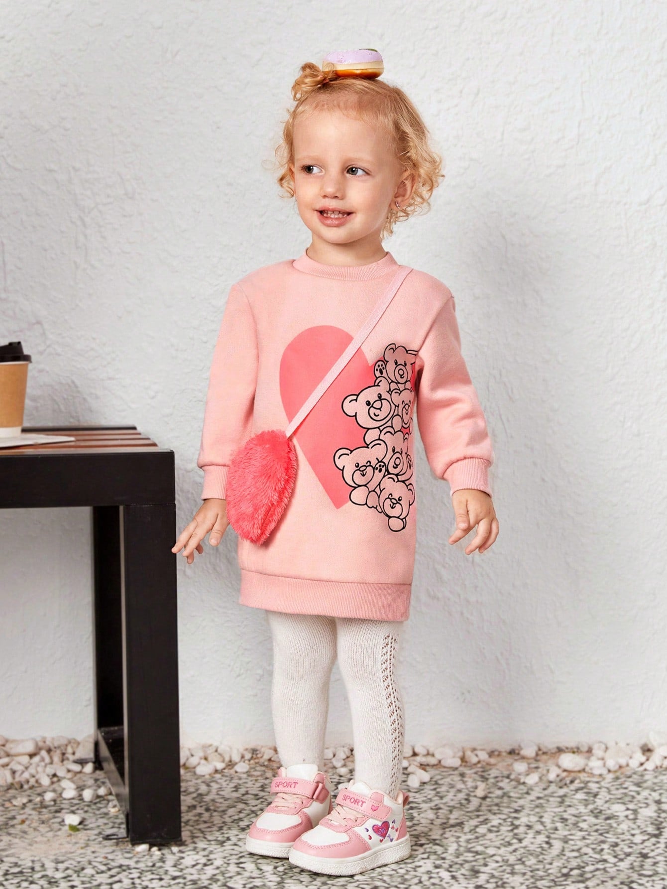 Baby Girl Cute Bear Pattern Long Sleeve Sweatshirt Dress With Crossbody Bag Set
