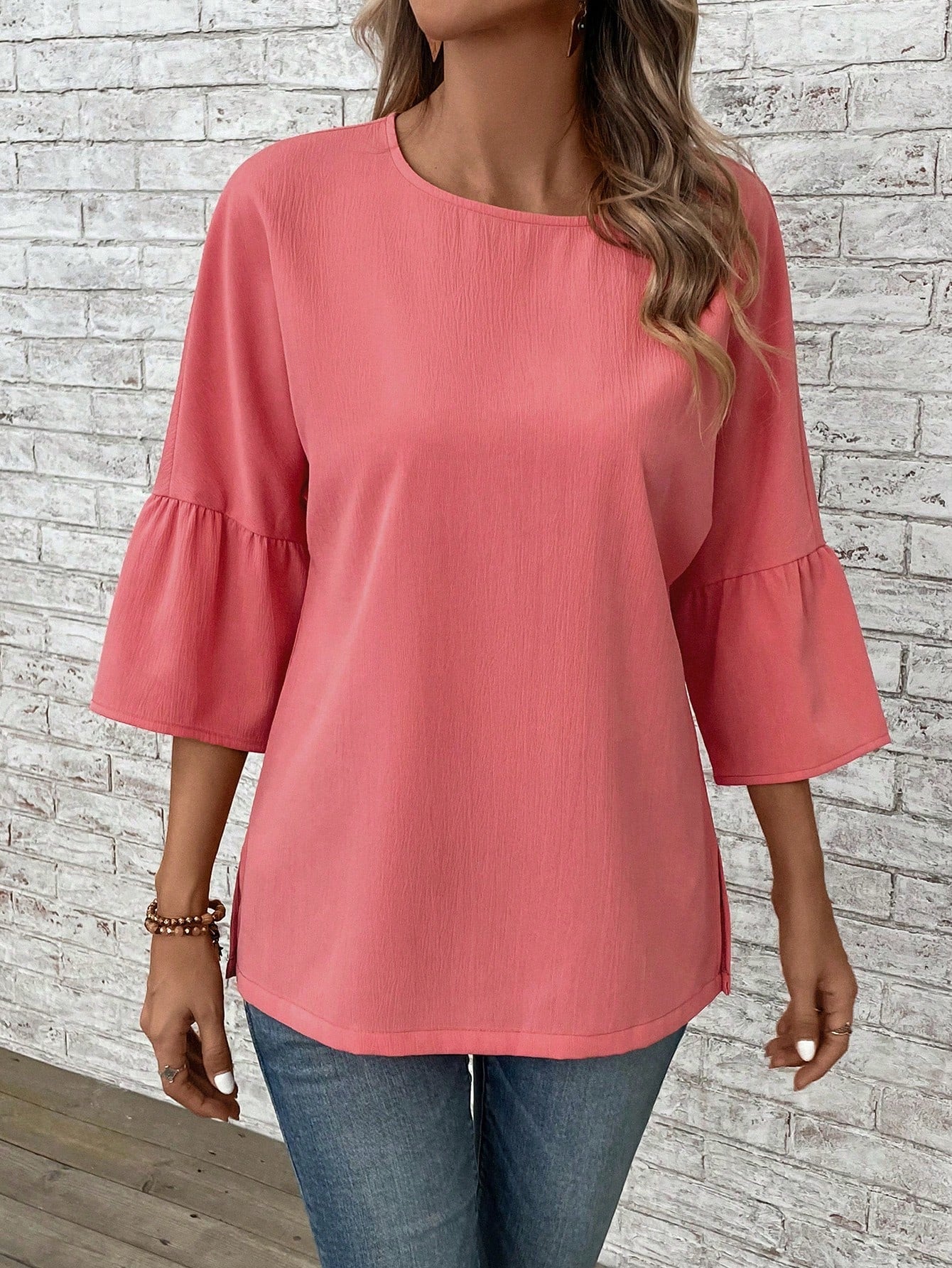 EMERY ROSE Solid Flare Sleeve Blouse