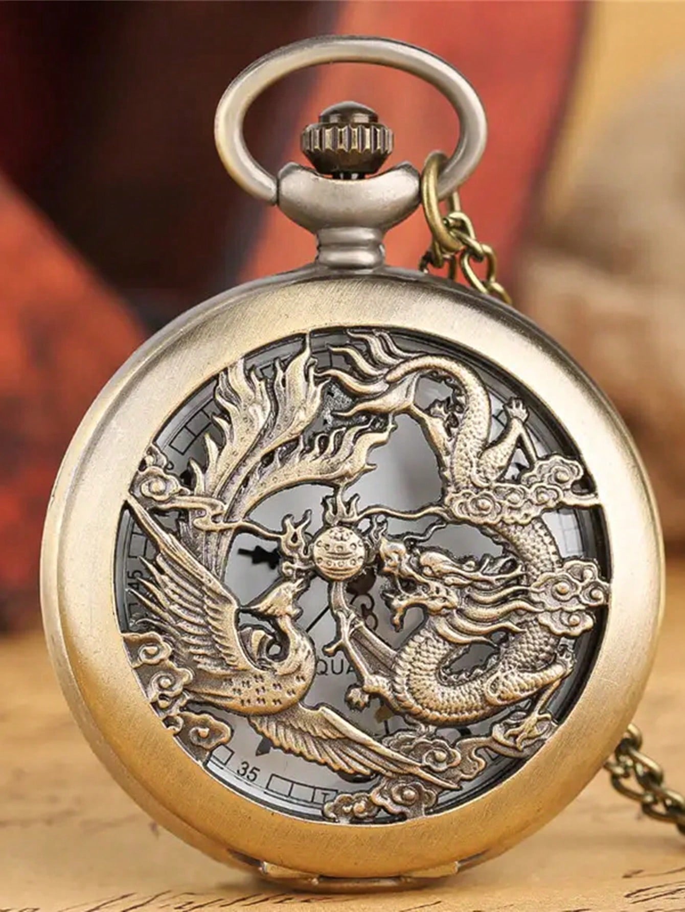 1pc Vintage Hollow Out Dragon & Phoenix Design Pendant Necklace For Men & Women, Including Pocket Watch Chain, Fashionable Gift