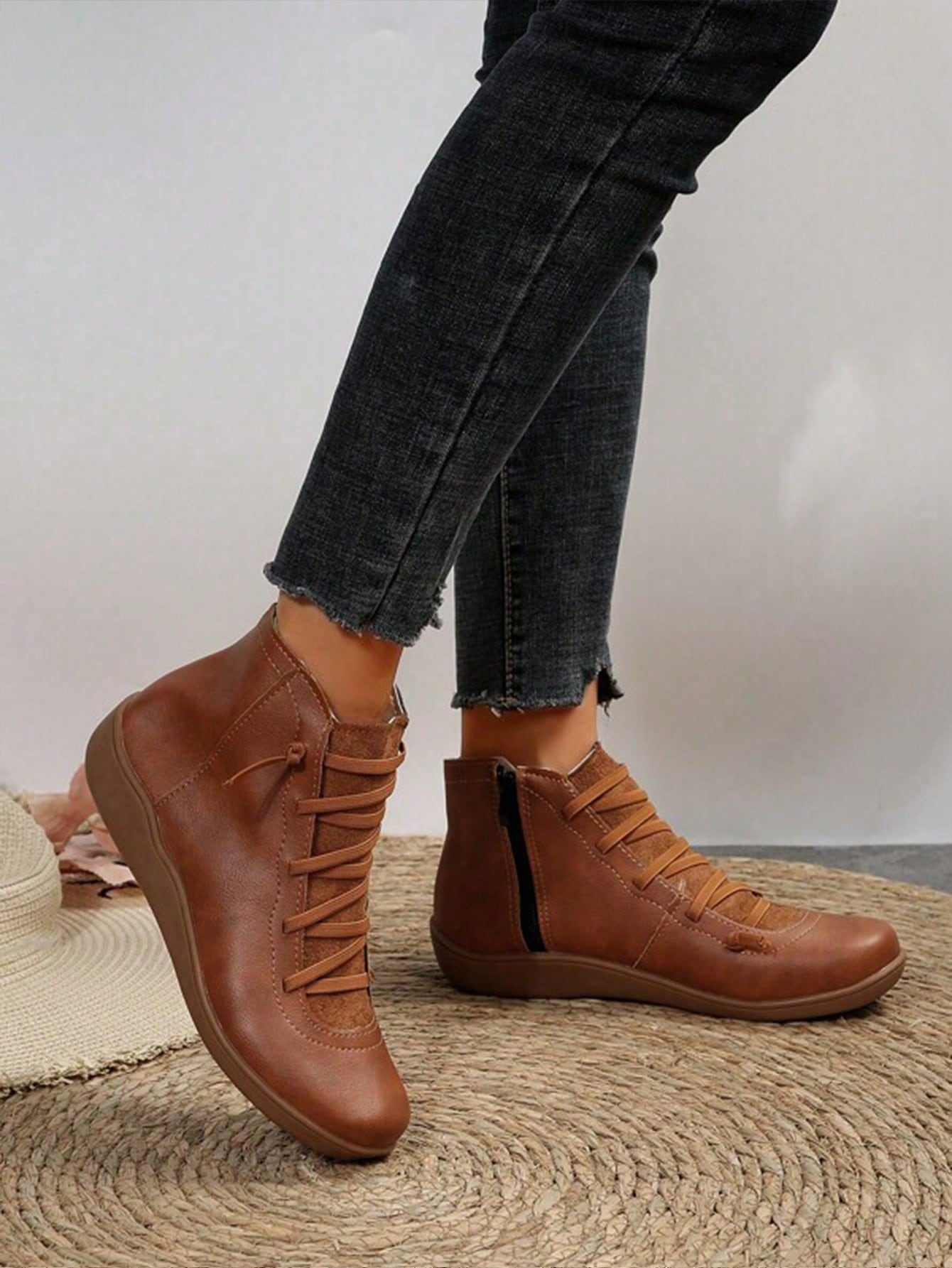 Women's Side Zipper Tie-up Front Flat Brown Elegant & Stylish Classic Boots