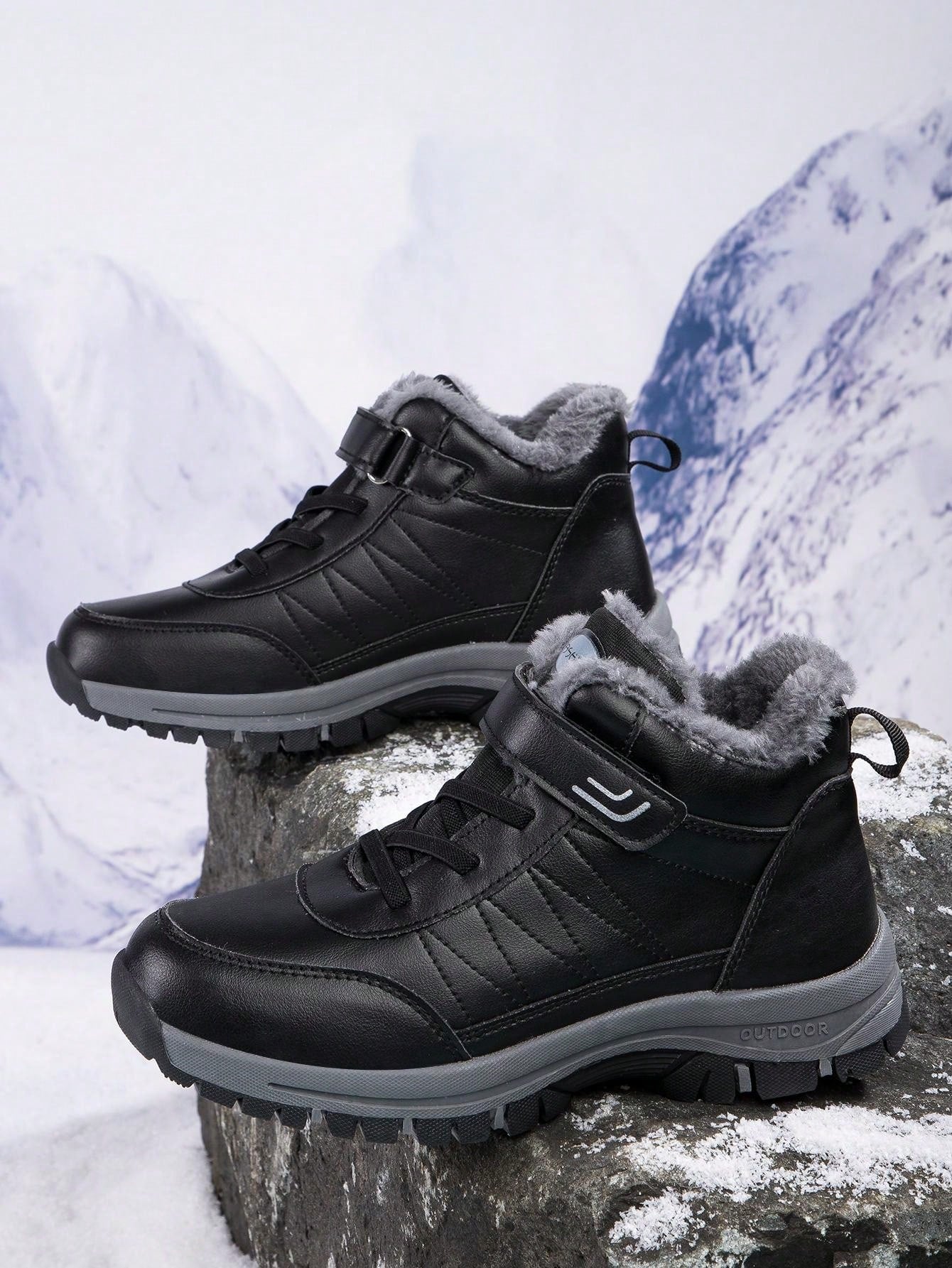 Men's Black Warm Winter Snow Boots With Velvet Lining, Non-slip, Outdoor Leisure, Comfortable And Versatile, Suitable For Daily Wear, Hiking, High-top Boots