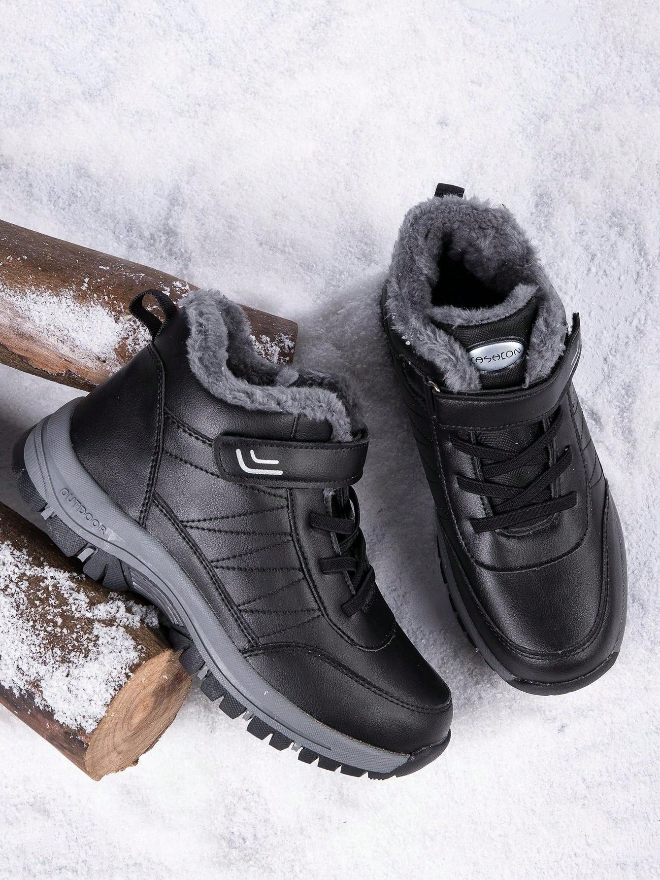 Men's Black Warm Winter Snow Boots With Velvet Lining, Non-slip, Outdoor Leisure, Comfortable And Versatile, Suitable For Daily Wear, Hiking, High-top Boots