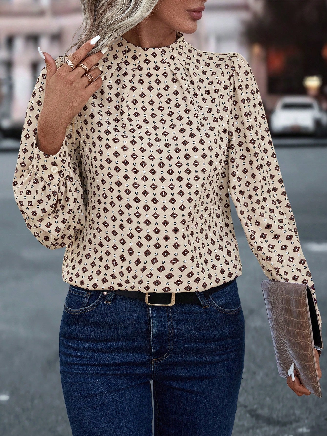 LUNE Allover Print Mock Neck Puff Sleeve Blouse