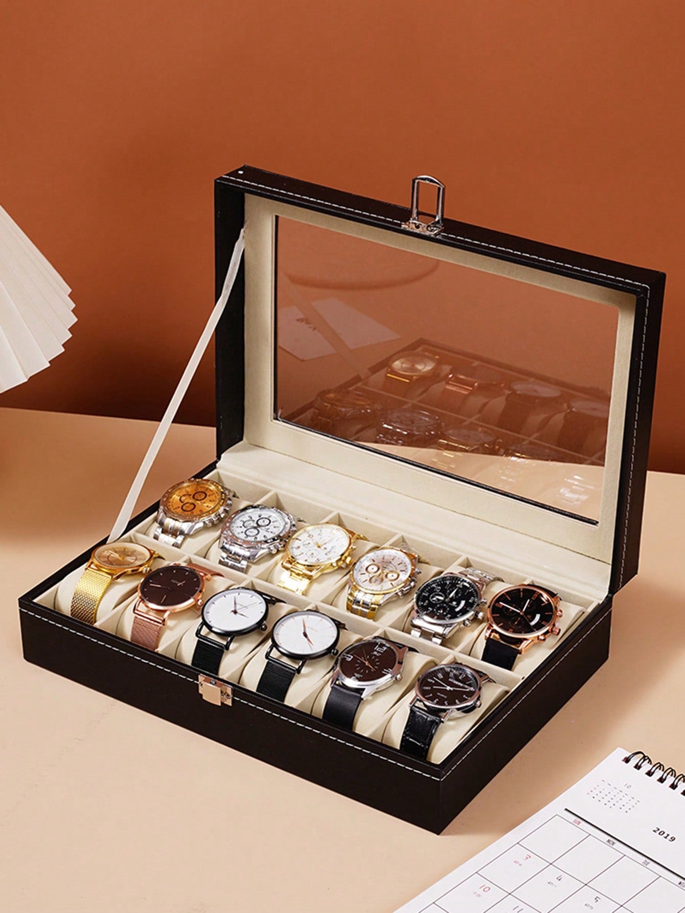 1pc Black Pu Leather Watch Box With 12 Slots And Glass Window