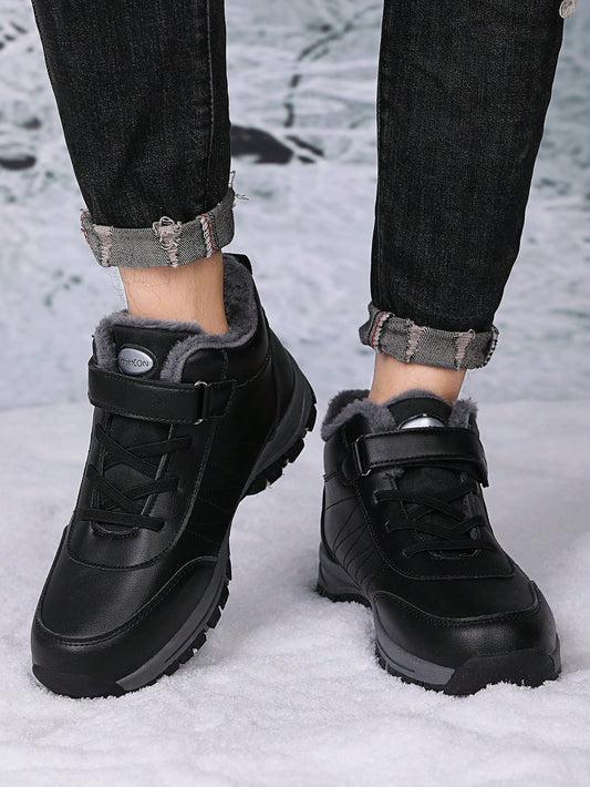 Black 2023 New Style Men's Winter Snow Boots Outdoor Warm Plush Comfortable Shoes Pu Leather Waterproof Sports Casual Travel Shoes