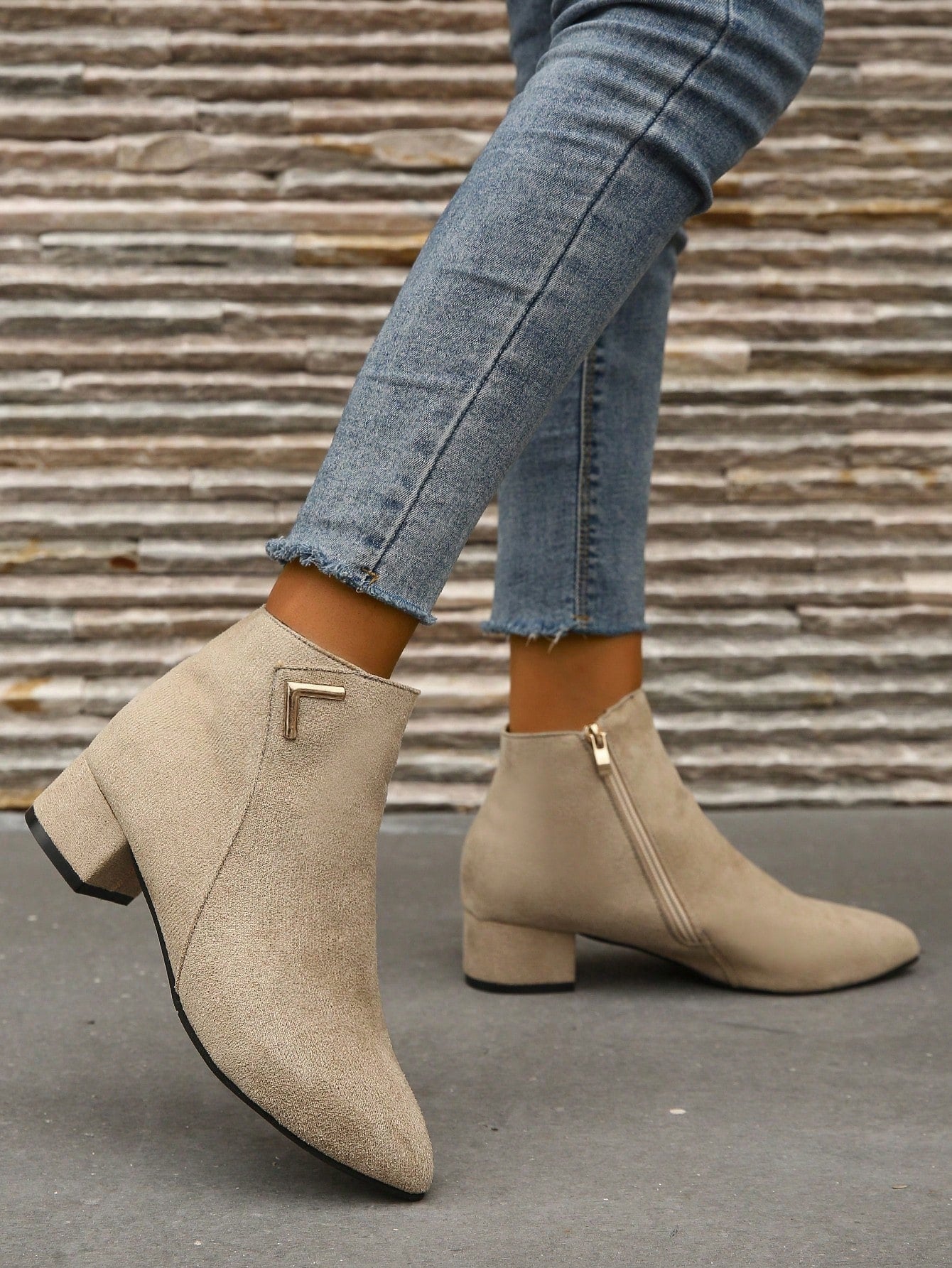 Women's Fashionable High-heeled Boots With Side Zipper And Chunky Heels