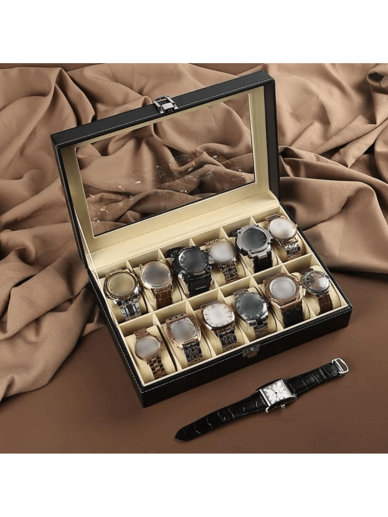 1pc Pu Leather Watch Display Case With Multiple Compartments