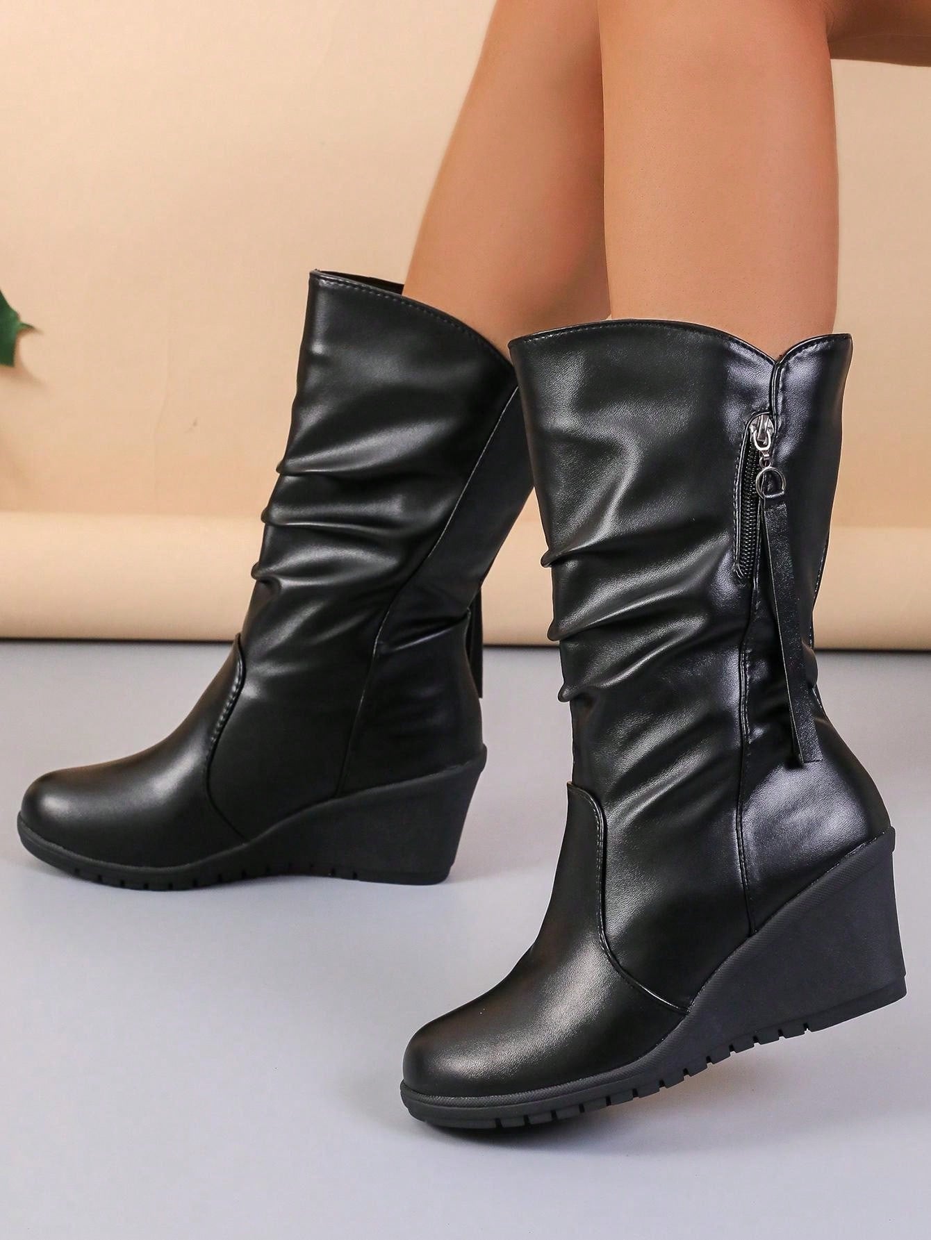 Wedge Heel Women's Calf Boots With Loose Round Toe And Side Zipper, Fashion Boots