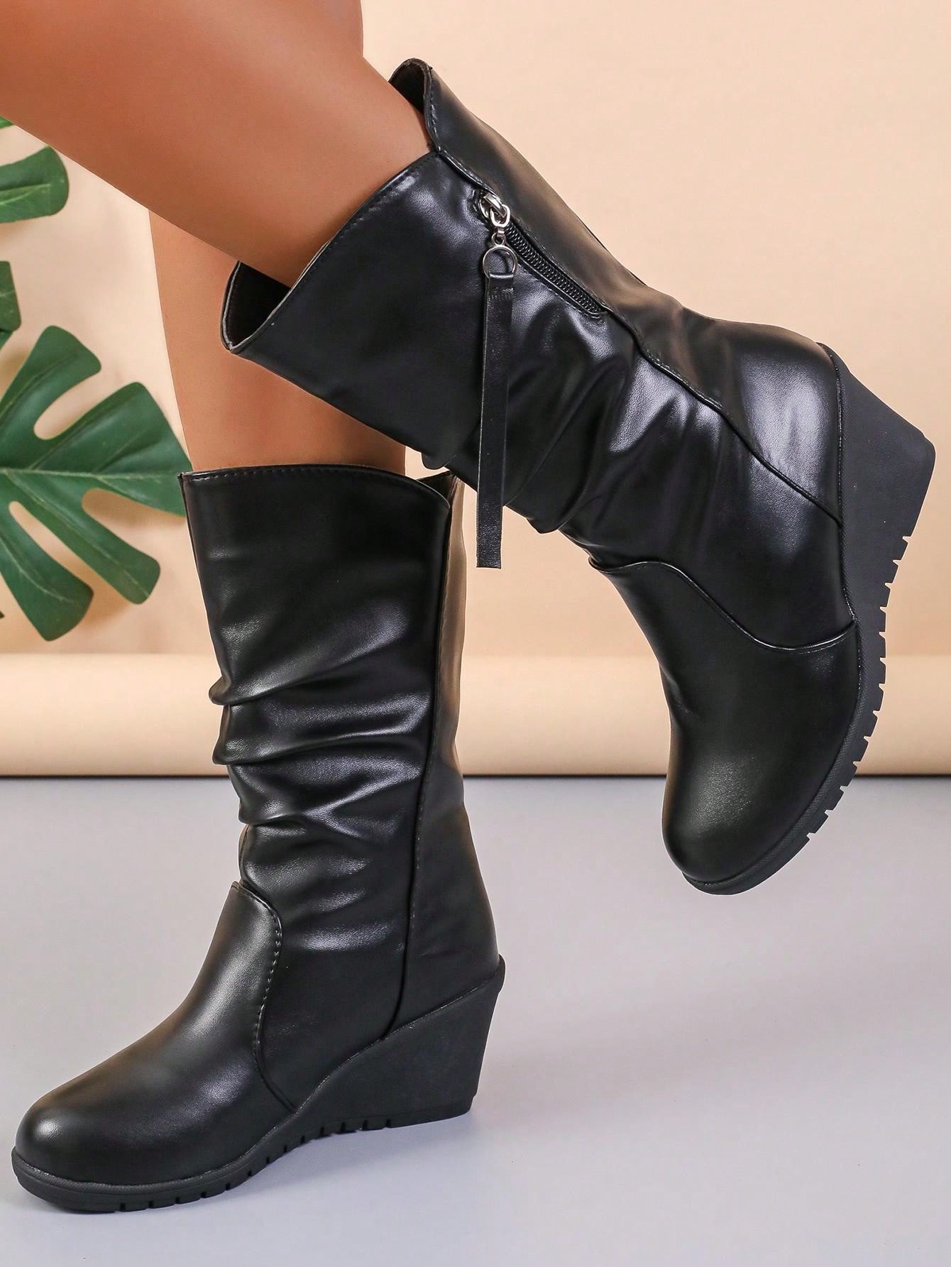 Wedge Heel Women's Calf Boots With Loose Round Toe And Side Zipper, Fashion Boots