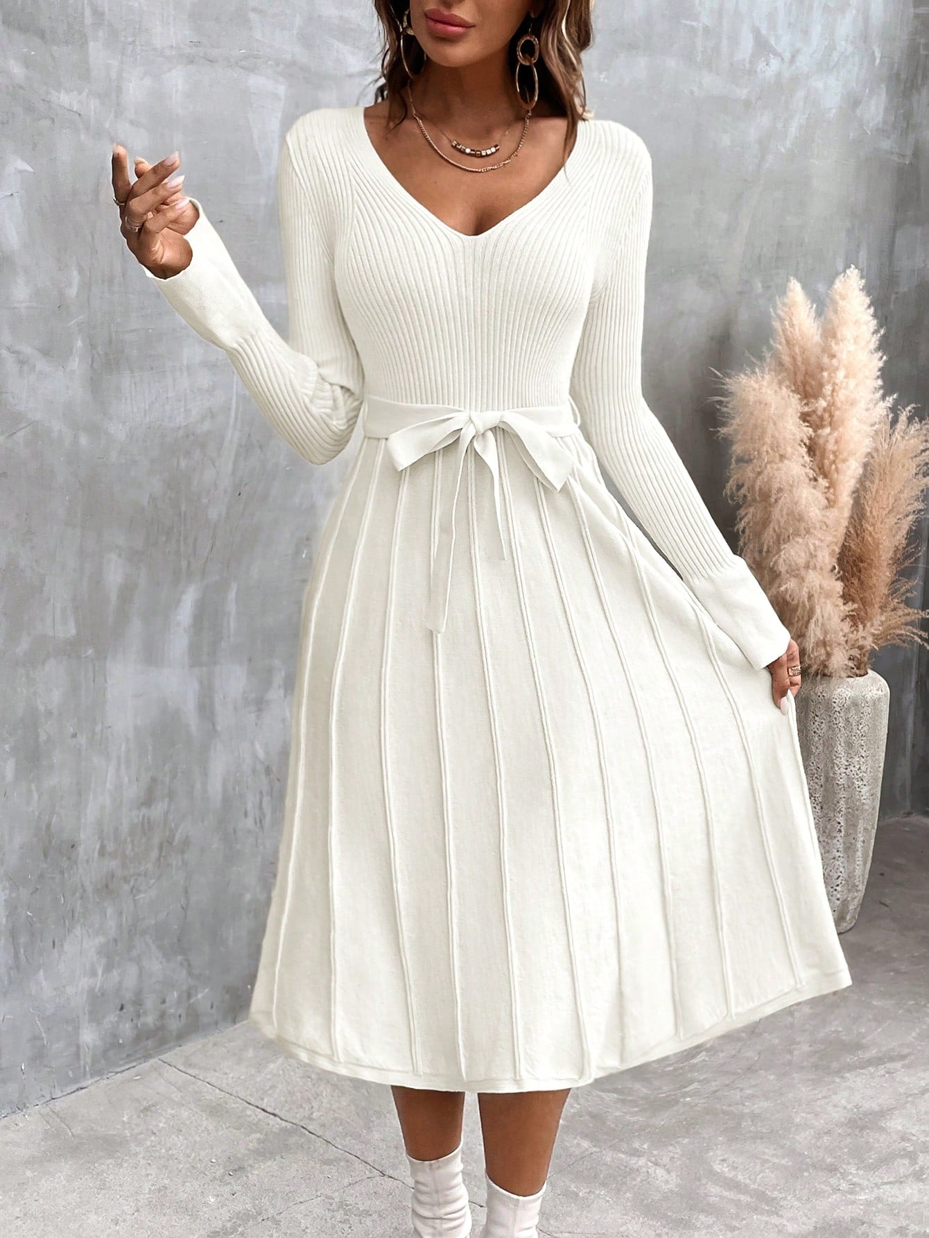LUNE Solid Belted Ribbed Knit Belted A-line Sweater Dress