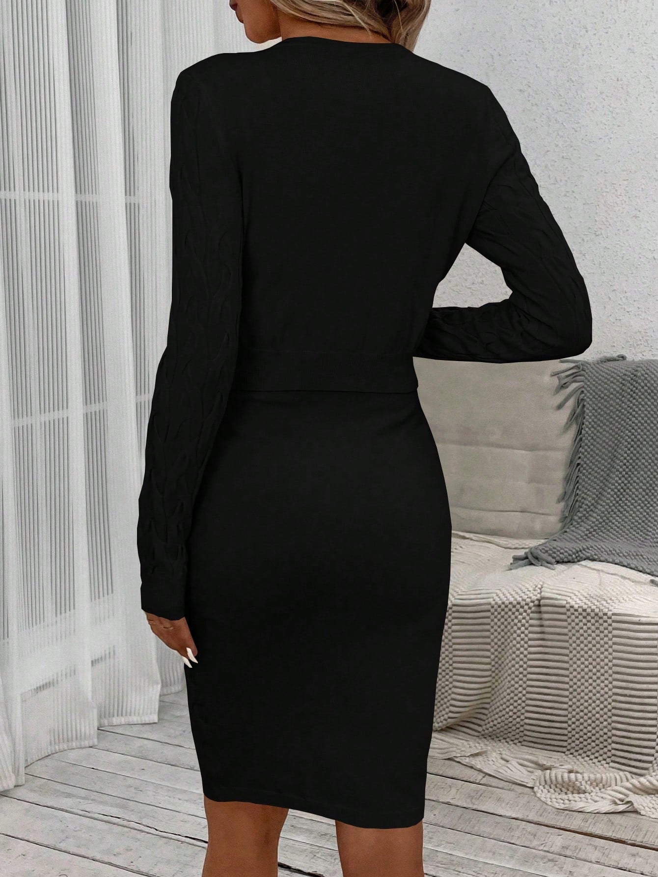 LUNE Solid Bodycon Sweater Dress & Button Front Cardigan