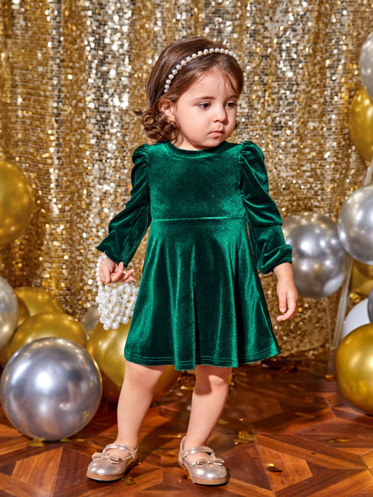 Baby Girls' Elegant Velvet A-Line Dress With Empire Waist And Long Sleeve, Medium Thickness