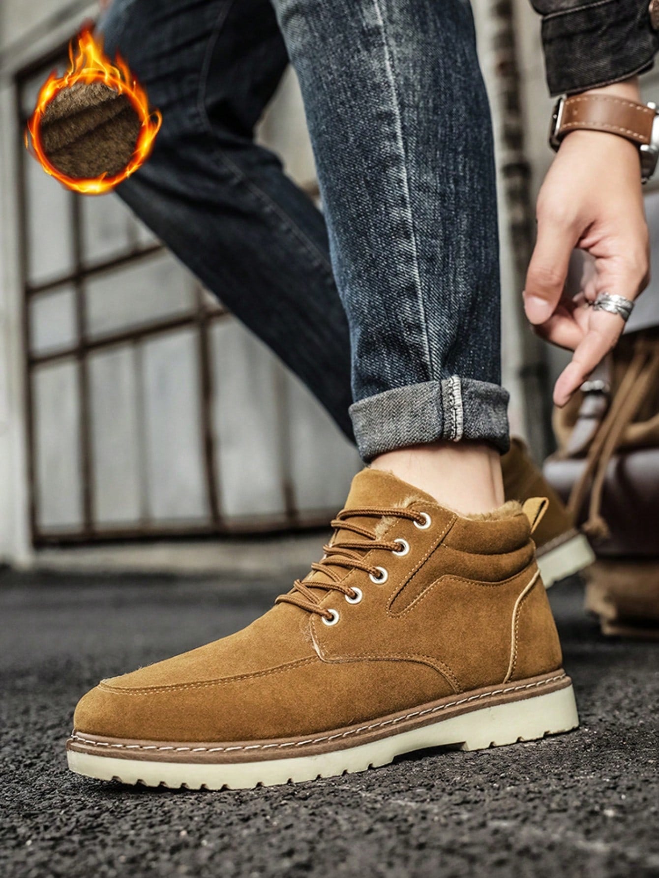 Men's Casual Pu Leather Athletic Shoes, Thick Sole Work Boot With Fleece Lining, Mid Top, Wear-resistant, Retro Lace-up Shoes For Winter